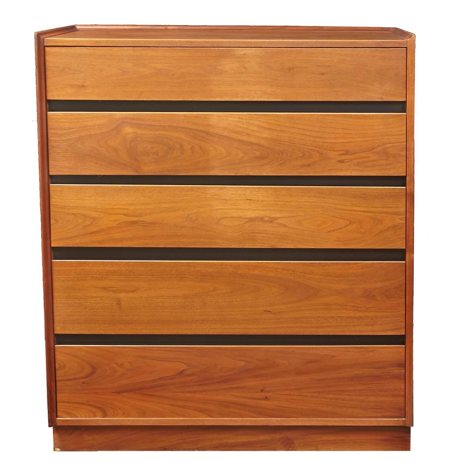 Dillingham Mid-Century Modern Walnut Five-Drawer Dresser