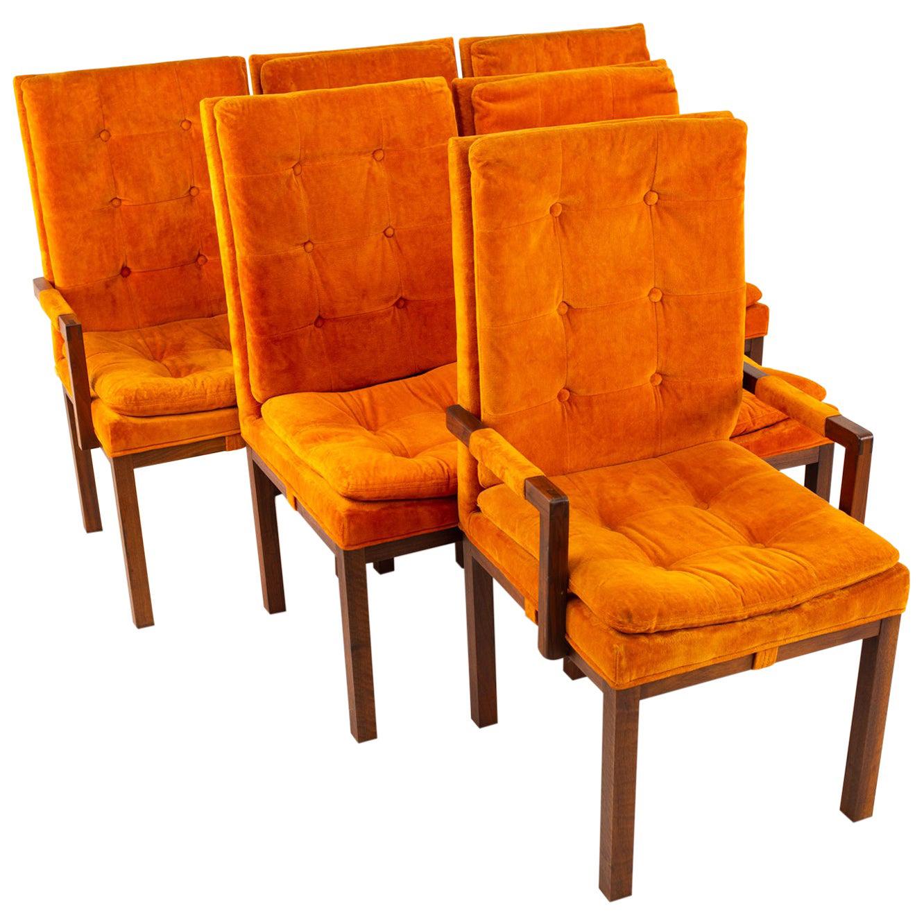 Milo Baughman Style Dillingham Orange and Walnut Upholstered Dining Chairs - Set