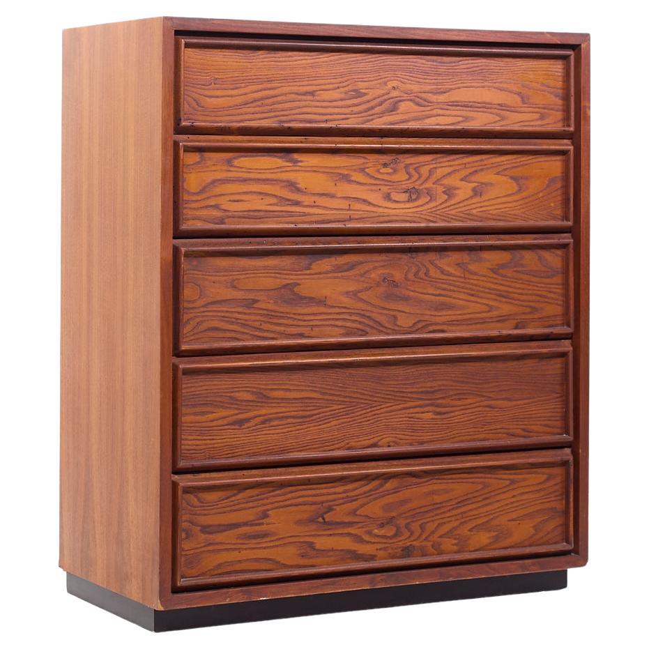 Dillingham Mid Century Pecky Cypress 5 Drawer Dresser