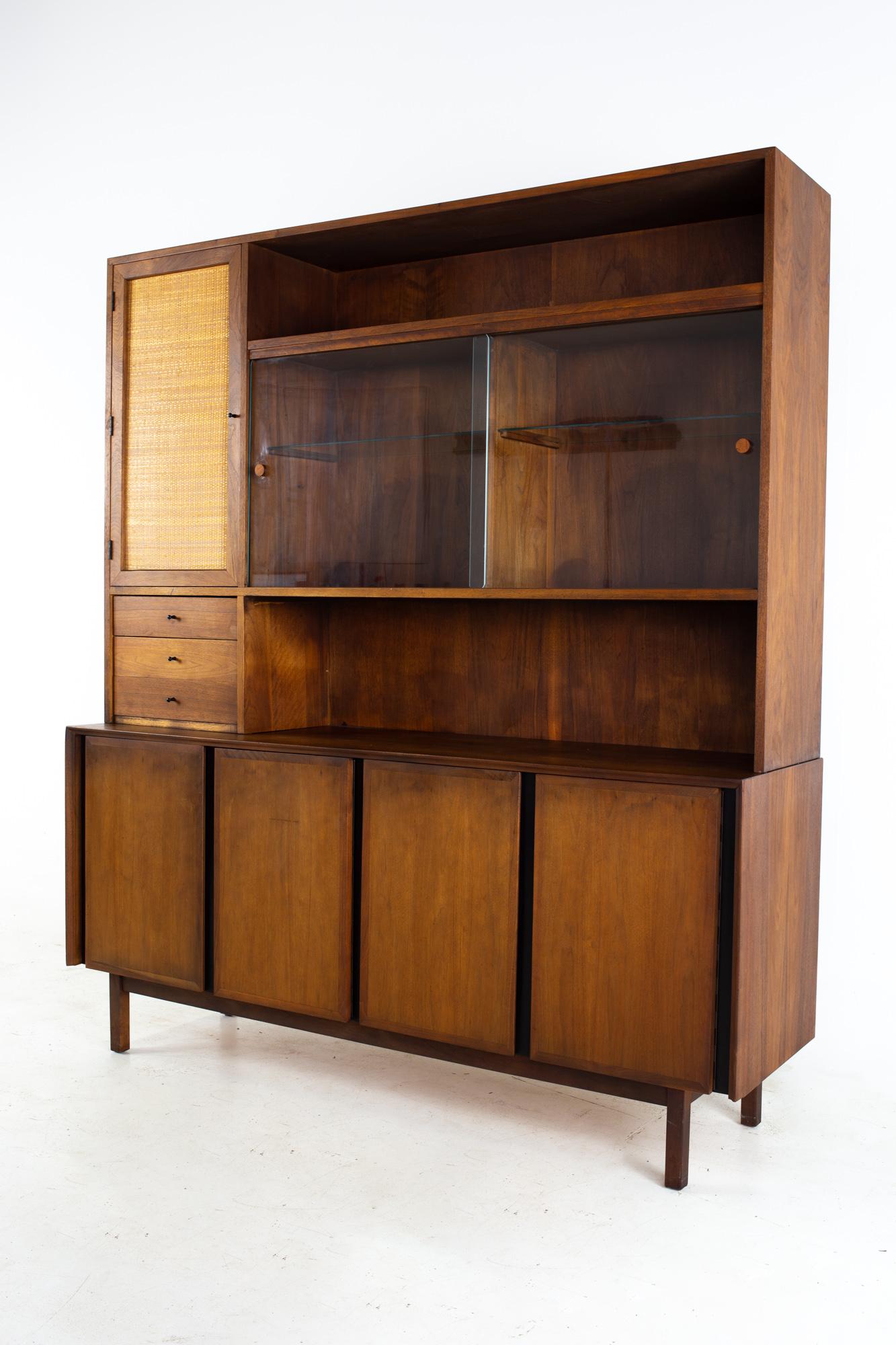 Dillingham mid century walnut and cane sideboard credenza buffet and hutch
Buffet measures: 64 wide x 18 deep x 30 inches high
Credenza measures: 64 wide x 13 deep x 44 inches high

All pieces of furniture can be had in what we call restored