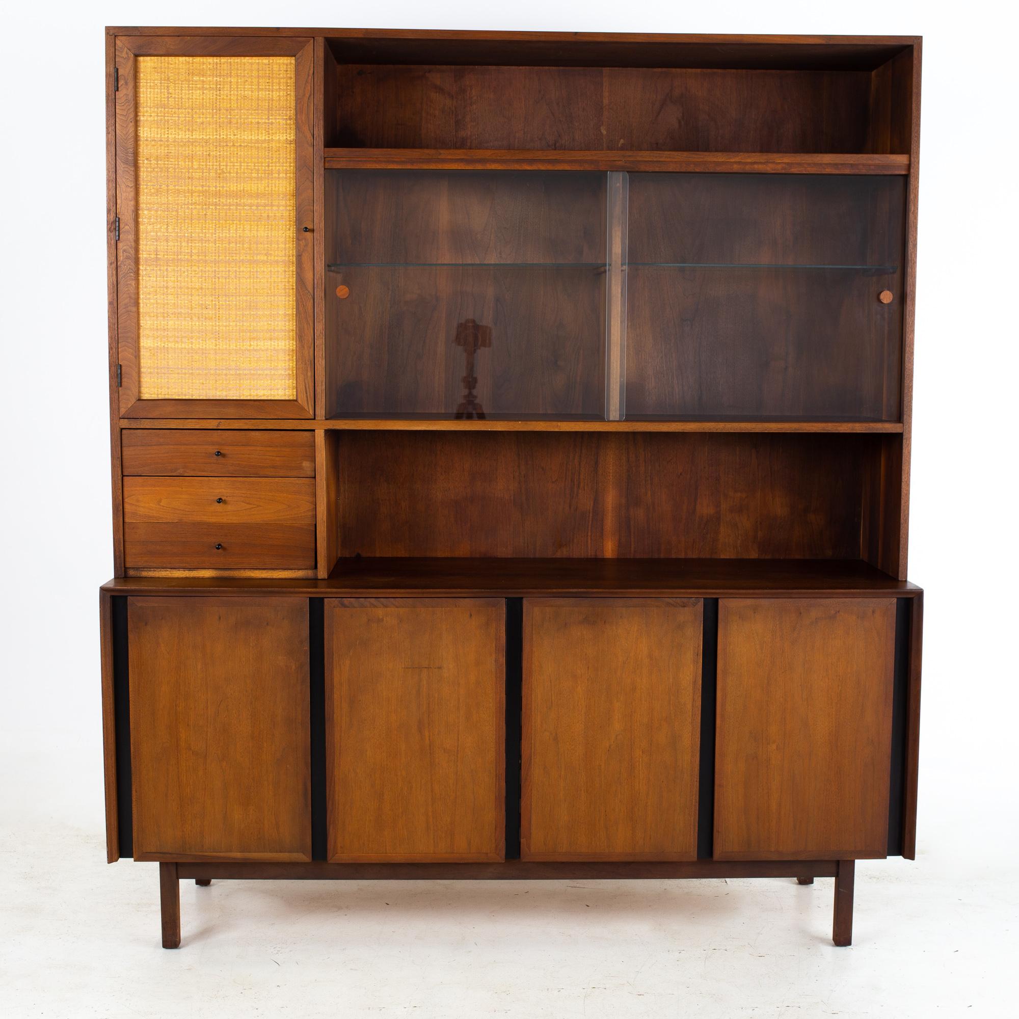 Mid-Century Modern Dillingham Mid Century Walnut and Cane Sideboard Credenza Buffet and Hutch