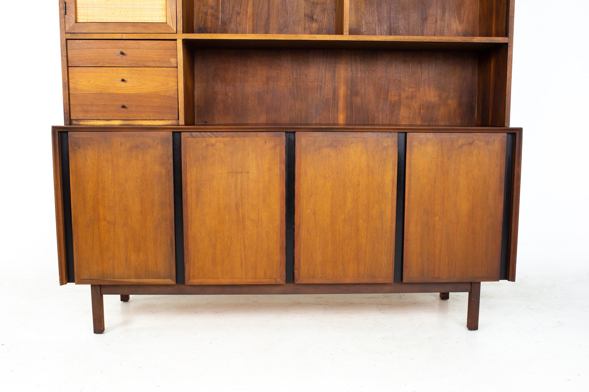 Late 20th Century Dillingham Mid Century Walnut and Cane Sideboard Credenza Buffet and Hutch