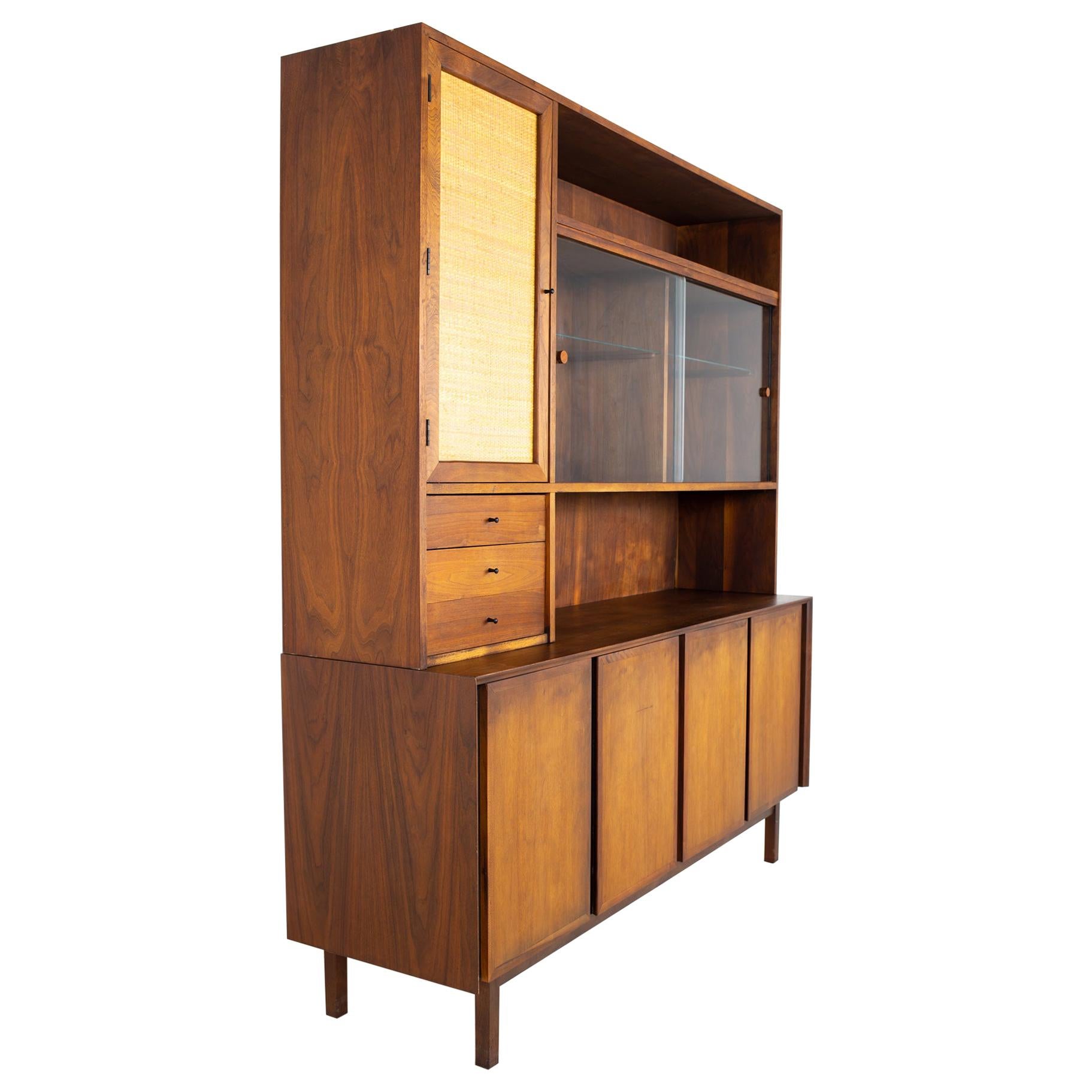 Dillingham Mid Century Walnut and Cane Sideboard Credenza Buffet and Hutch
