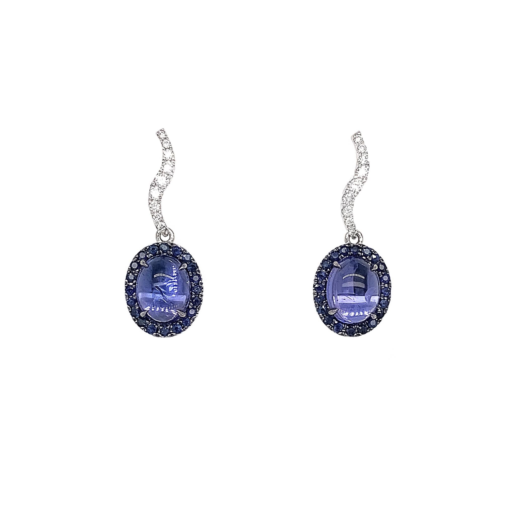 Cabochon Dilys' 4.30ct 'Intense Bluish Violet' Tanzanite & Diamond Earrings For Sale
