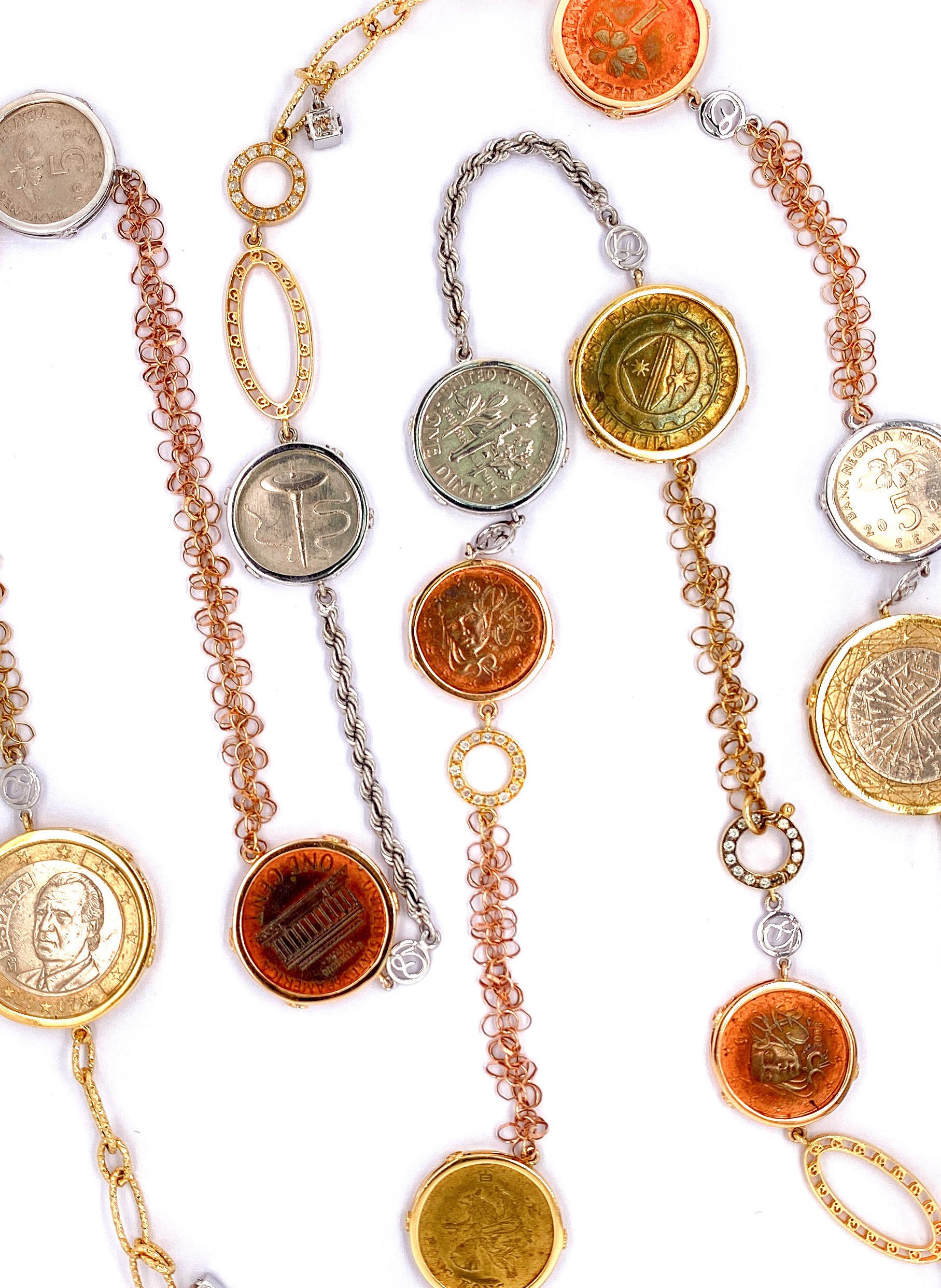 Designed by Hong Kong’s renowned yet private fine jewelry designer, Dilys Young, this 18 karat rose, yellow and white gold necklace carries the stories and cultures of many different cities with the coins collected from Hong Kong and her travels