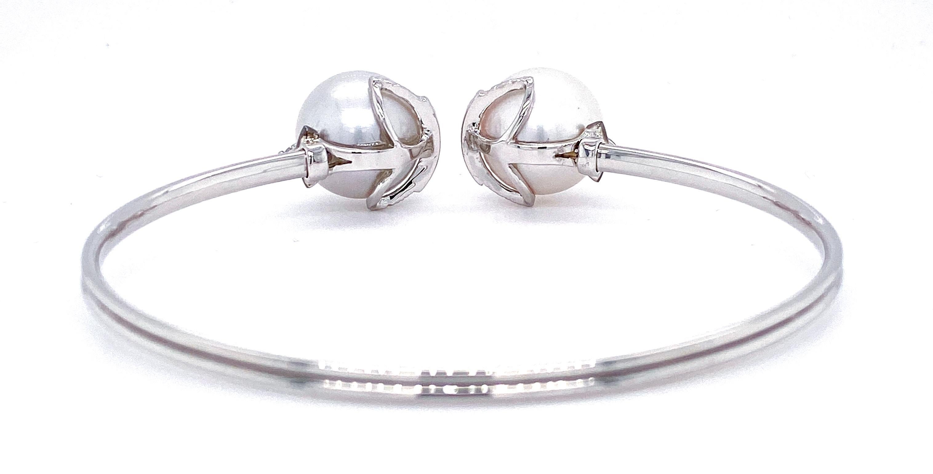 Art Deco Inspired Pearl and Diamond Wire Bracelet in 18 Karat White Gold 1