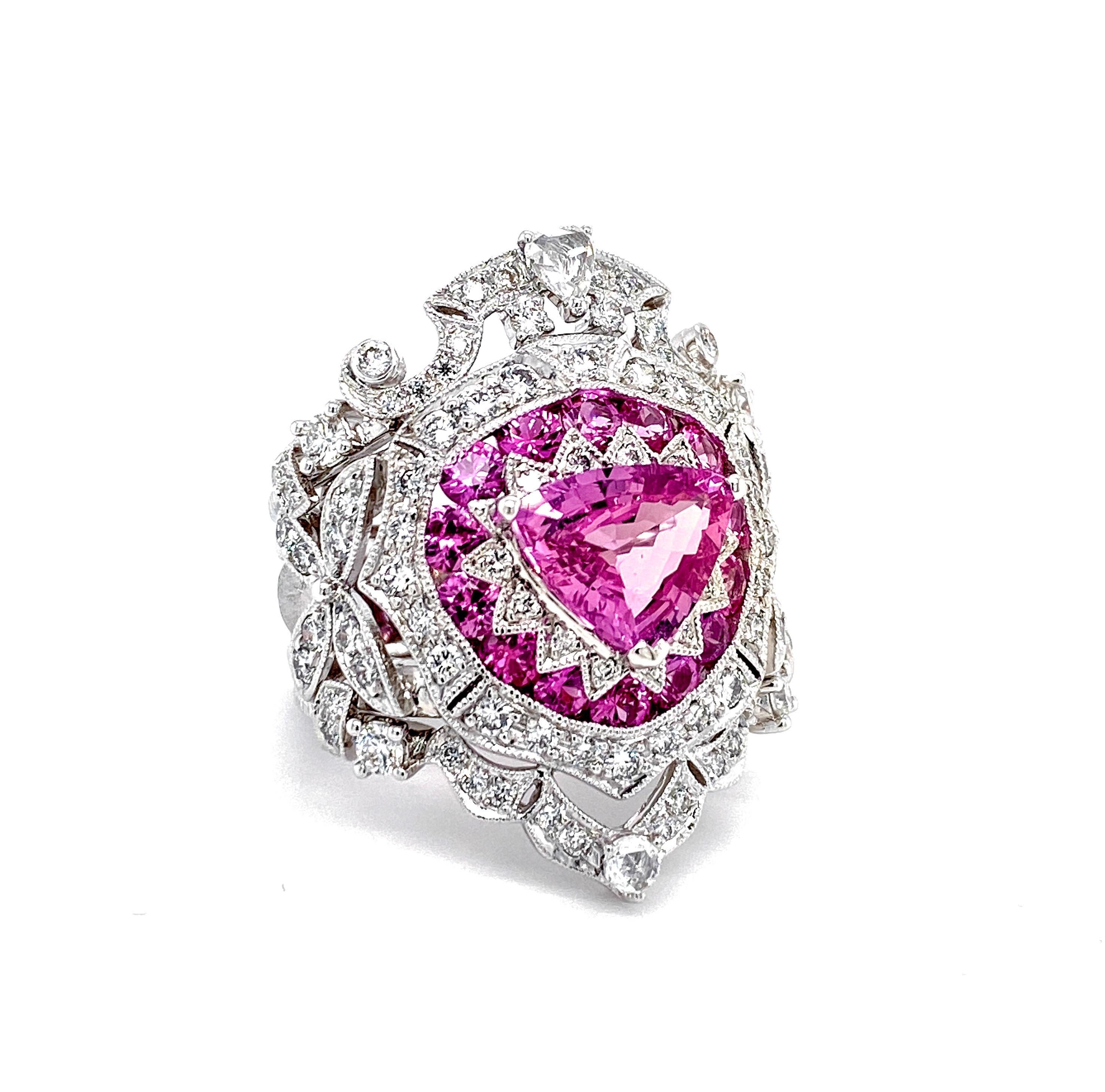 Trillion Cut Art Deco Inspired Pink Sapphire and Diamond Ring in 18 Karat White Gold