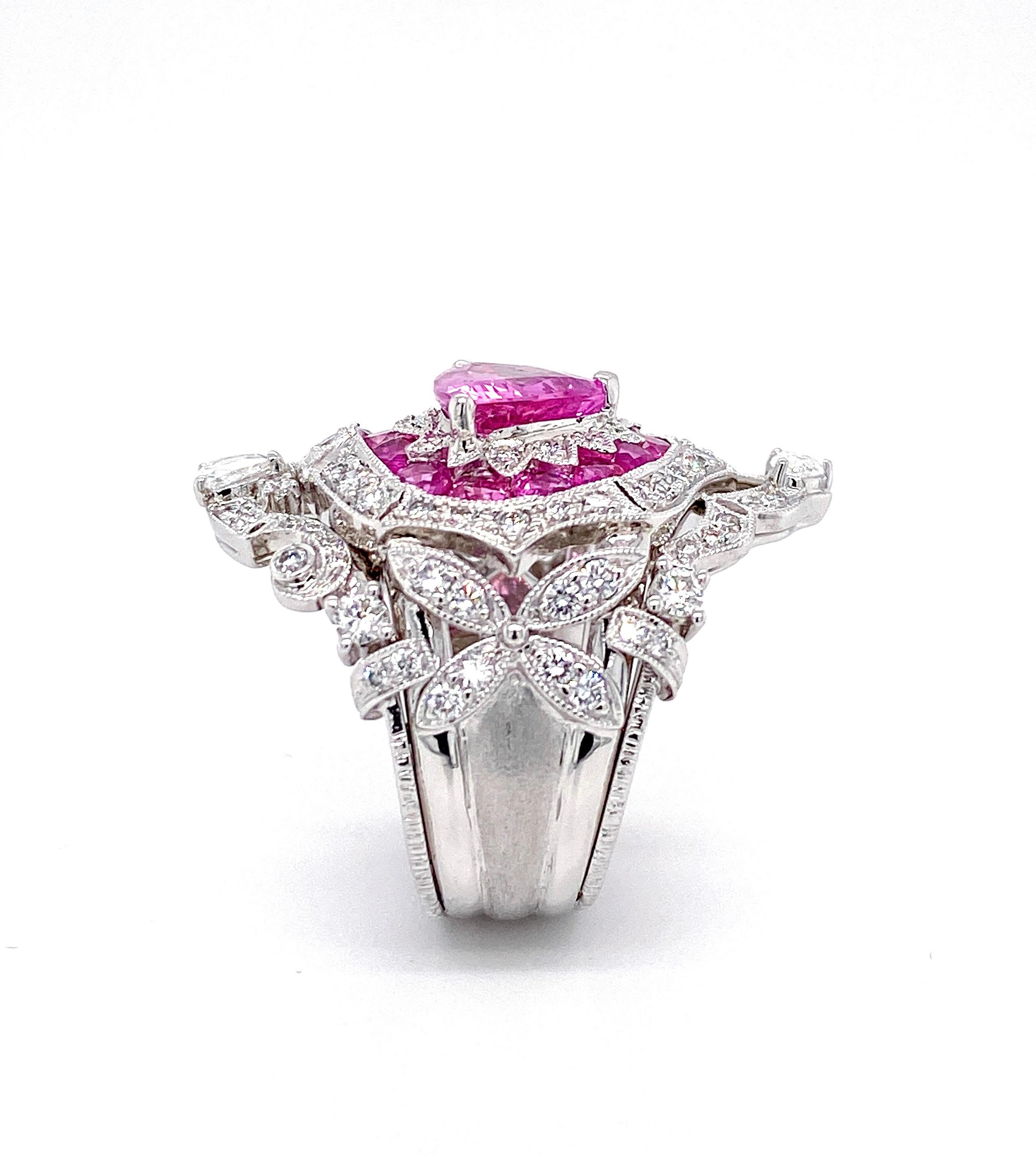 Art Deco Inspired Pink Sapphire and Diamond Ring in 18 Karat White Gold In New Condition In Hong Kong, HK