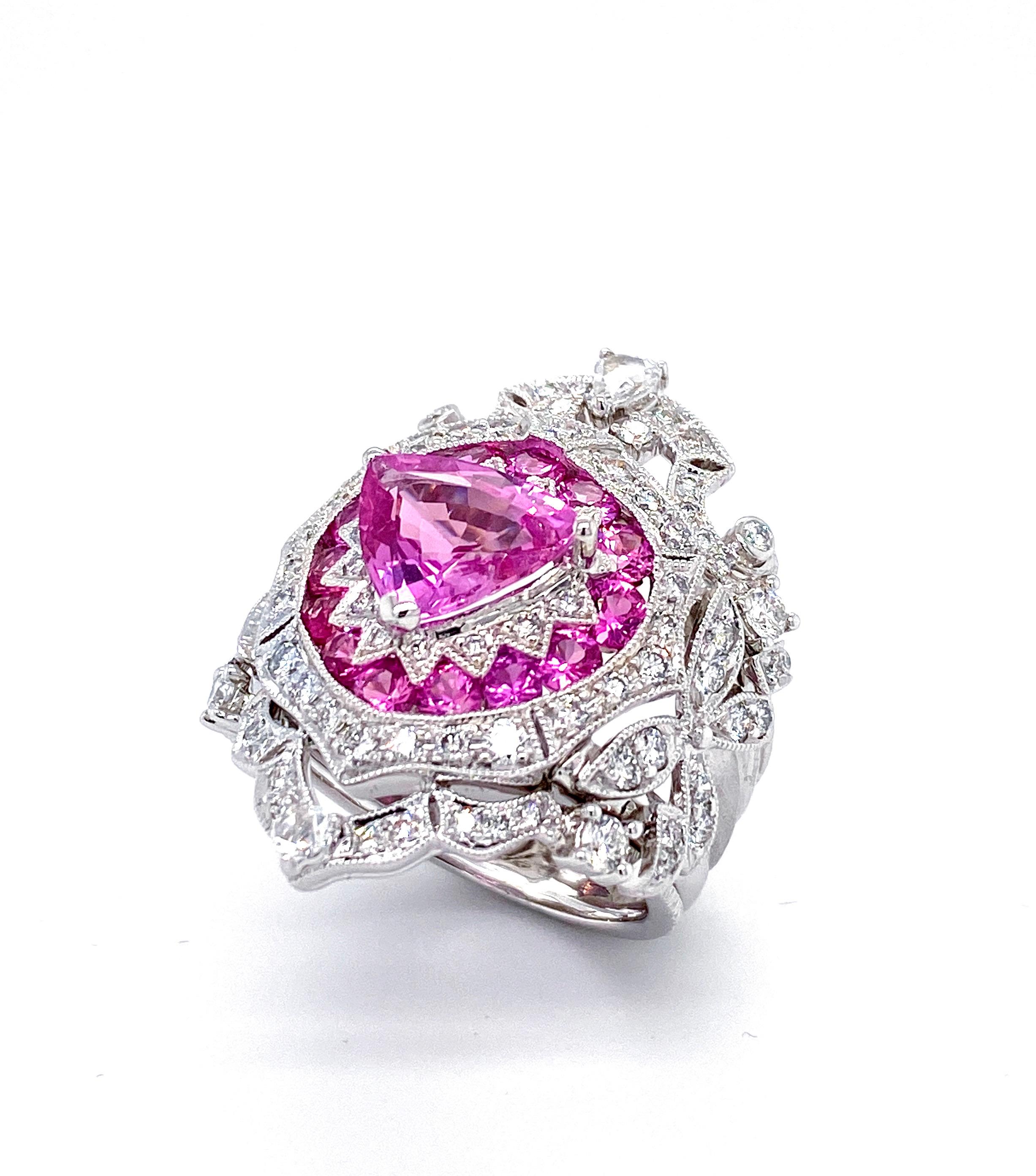 Women's or Men's Art Deco Inspired Pink Sapphire and Diamond Ring in 18 Karat White Gold