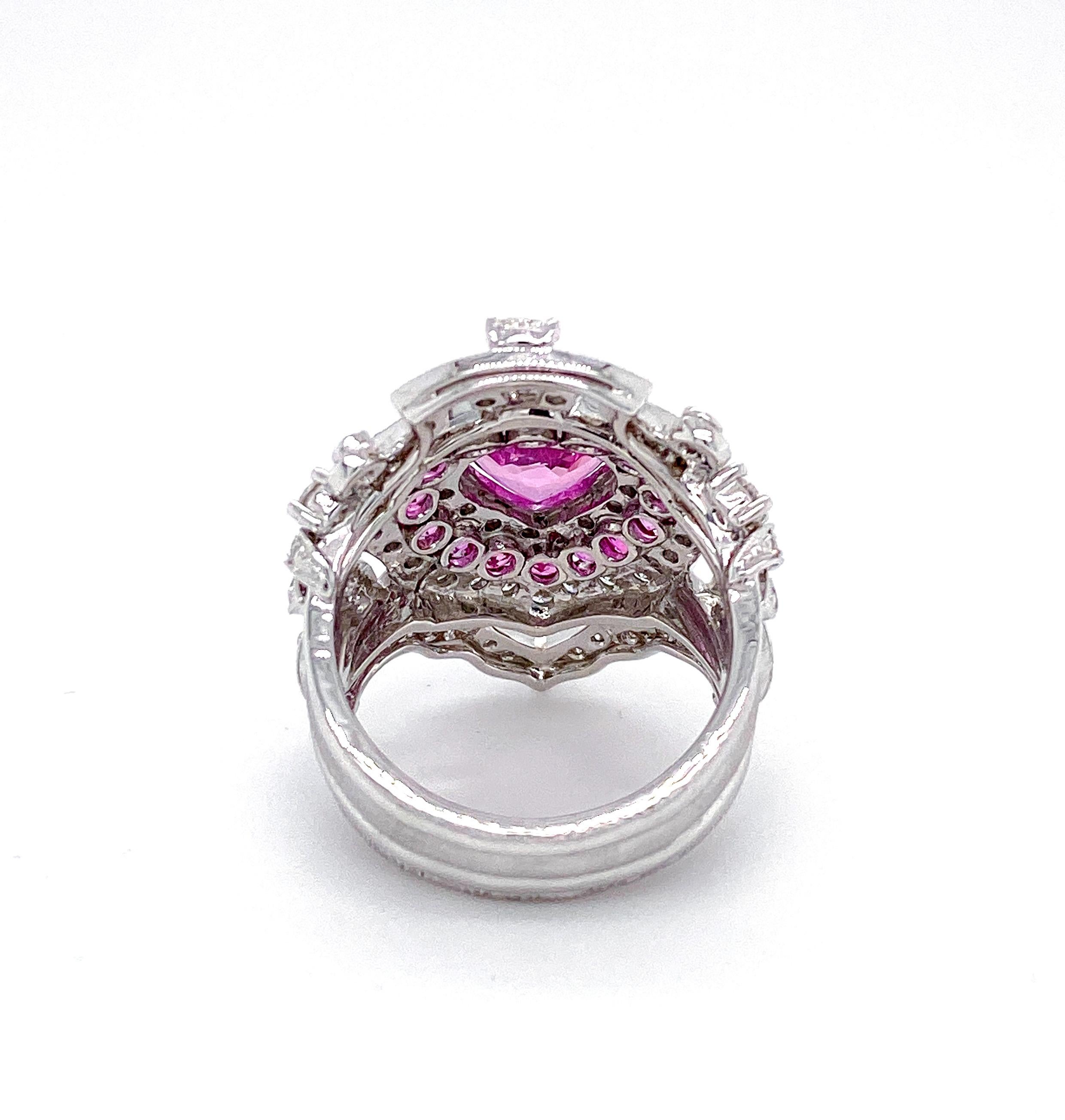 Art Deco Inspired Pink Sapphire and Diamond Ring in 18 Karat White Gold 1