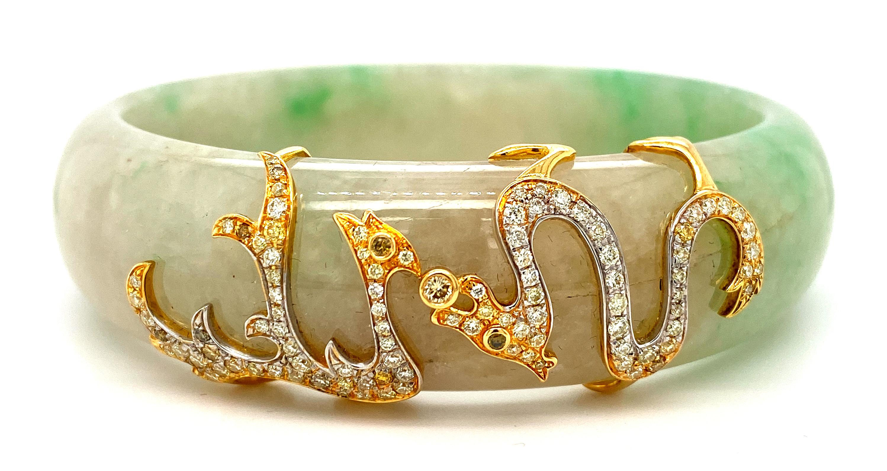 Artisan Dragon Motif HKJSL Certified Jade and Diamond Bangle in 18 Karat Gold
