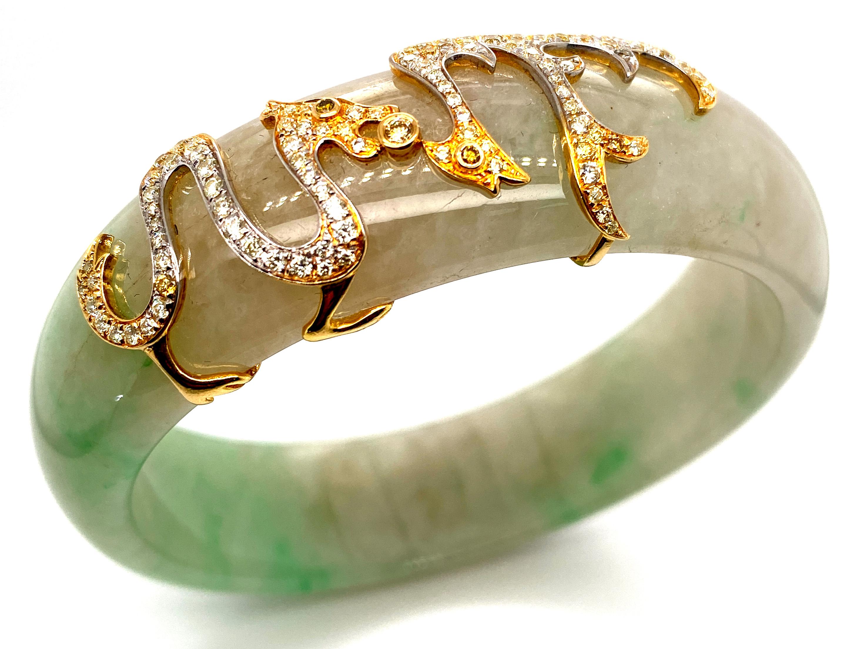Women's or Men's Dragon Motif HKJSL Certified Jade and Diamond Bangle in 18 Karat Gold