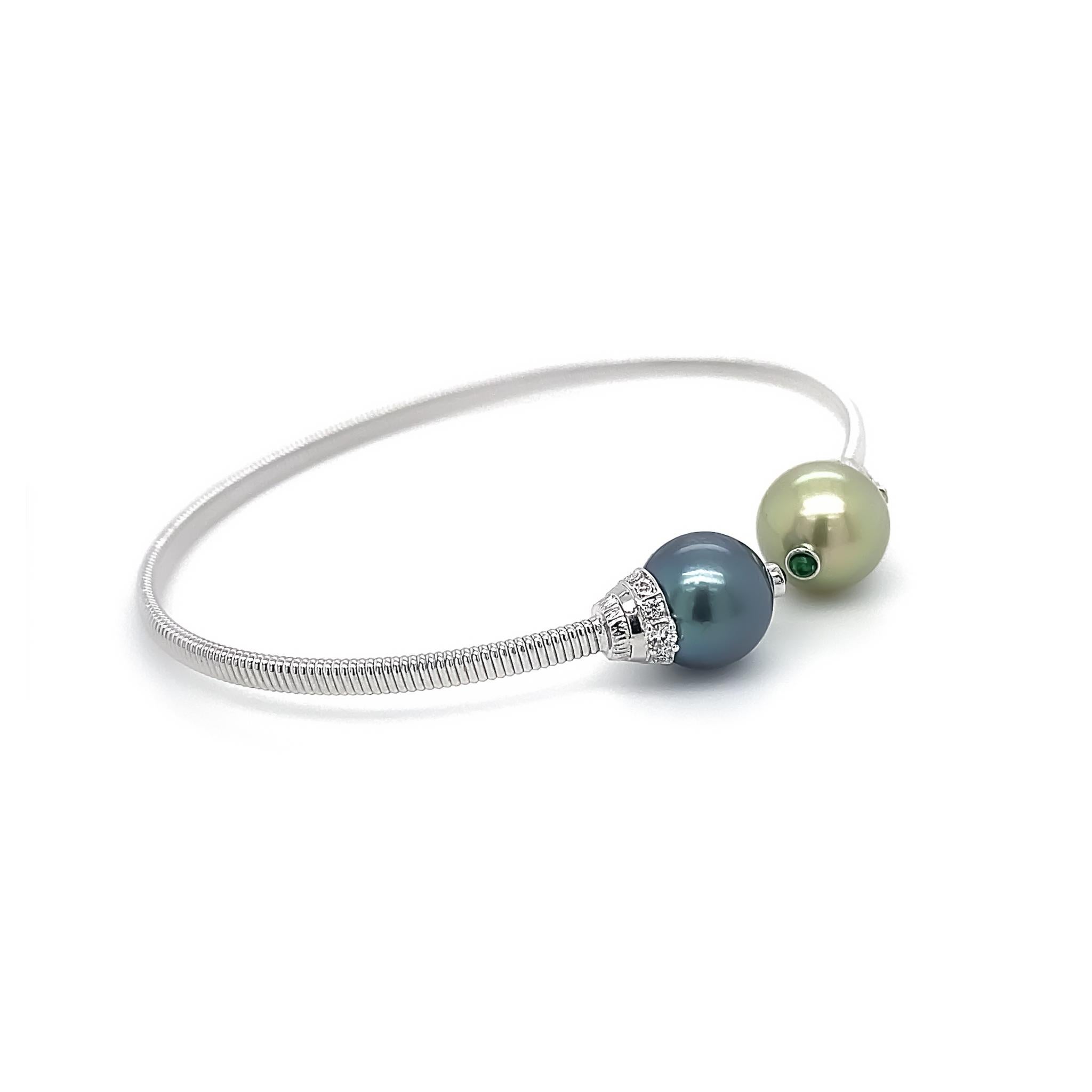 Art Deco Dilys' Duo-Colour Rare South Sea Pearls & Diamond Bangle in Titanium