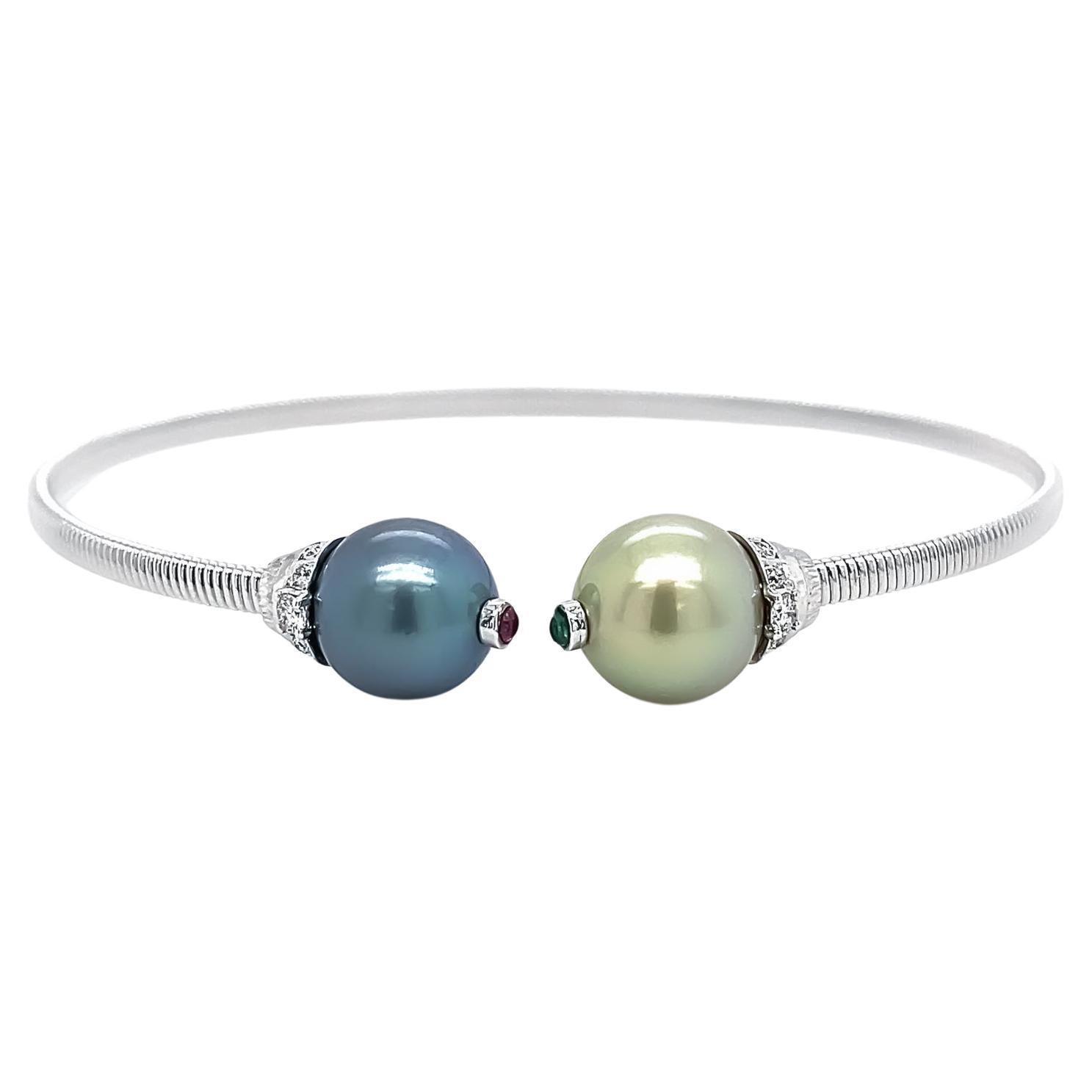 Dilys' Duo-Colour Rare South Sea Pearls & Diamond Bangle in Titanium