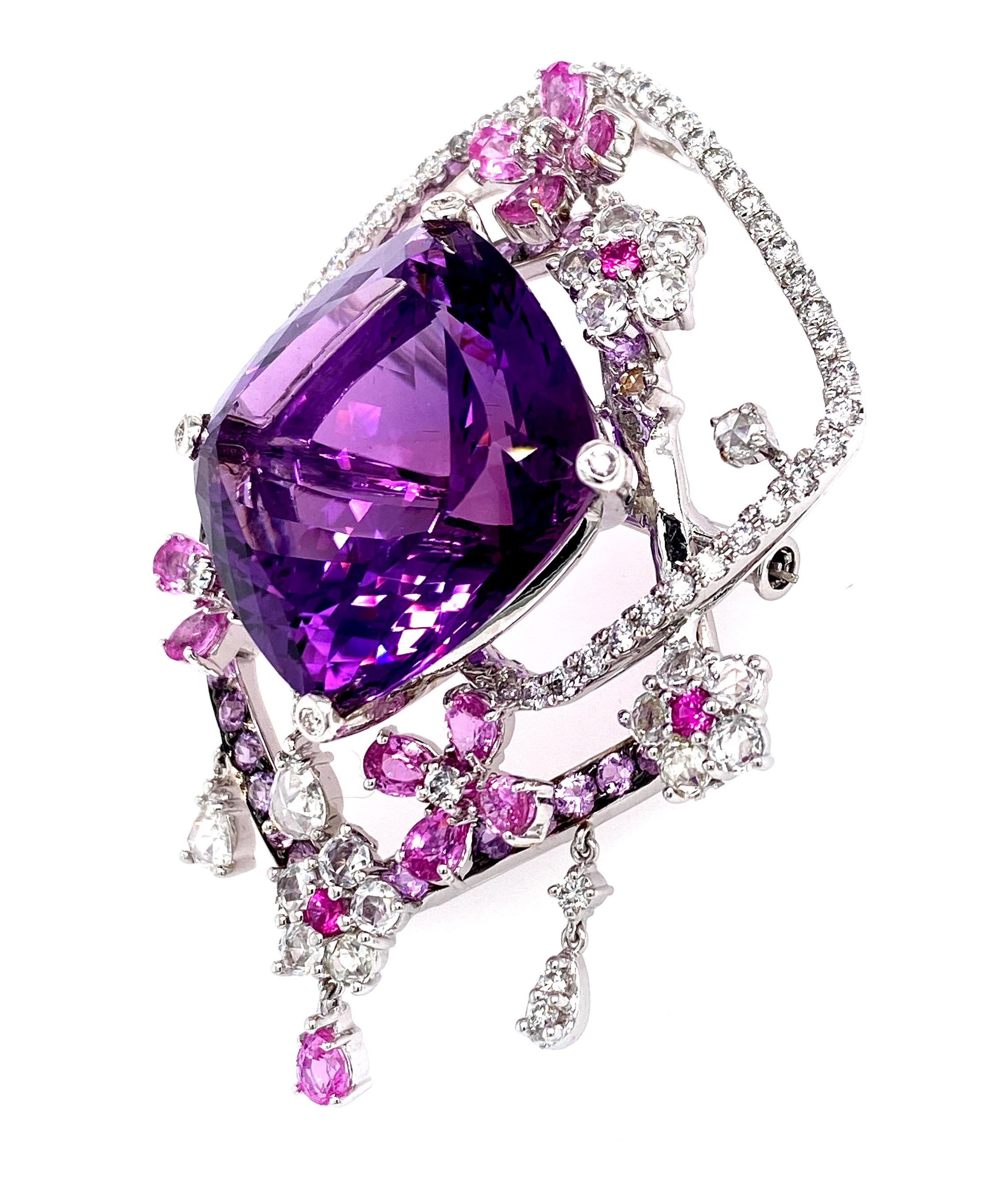 Artisan Dilys' Floral Motif Amethyst and Diamond Brooch in 18 Karat White Gold For Sale