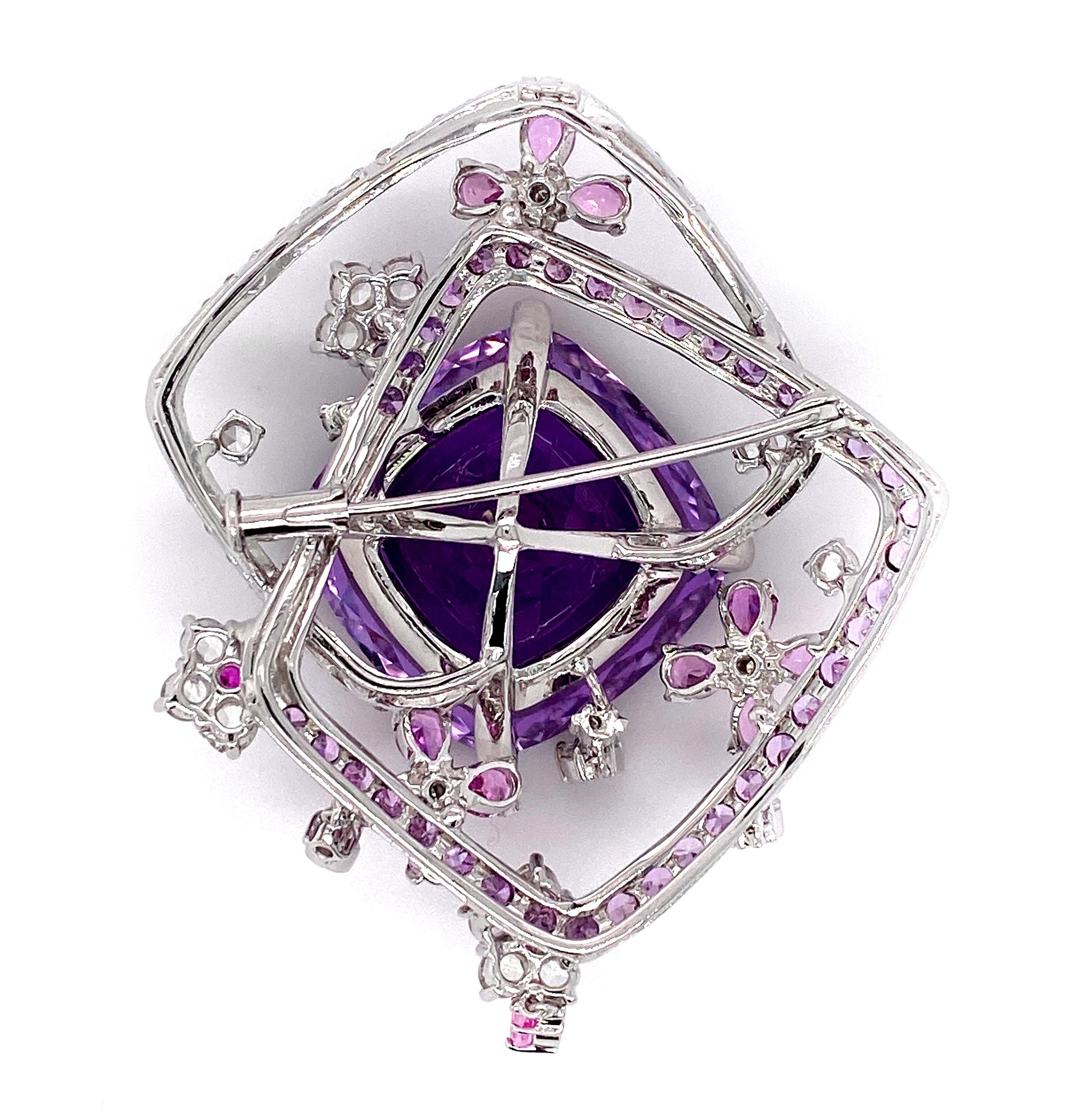 Mixed Cut Dilys' Floral Motif Amethyst and Diamond Brooch in 18 Karat White Gold For Sale