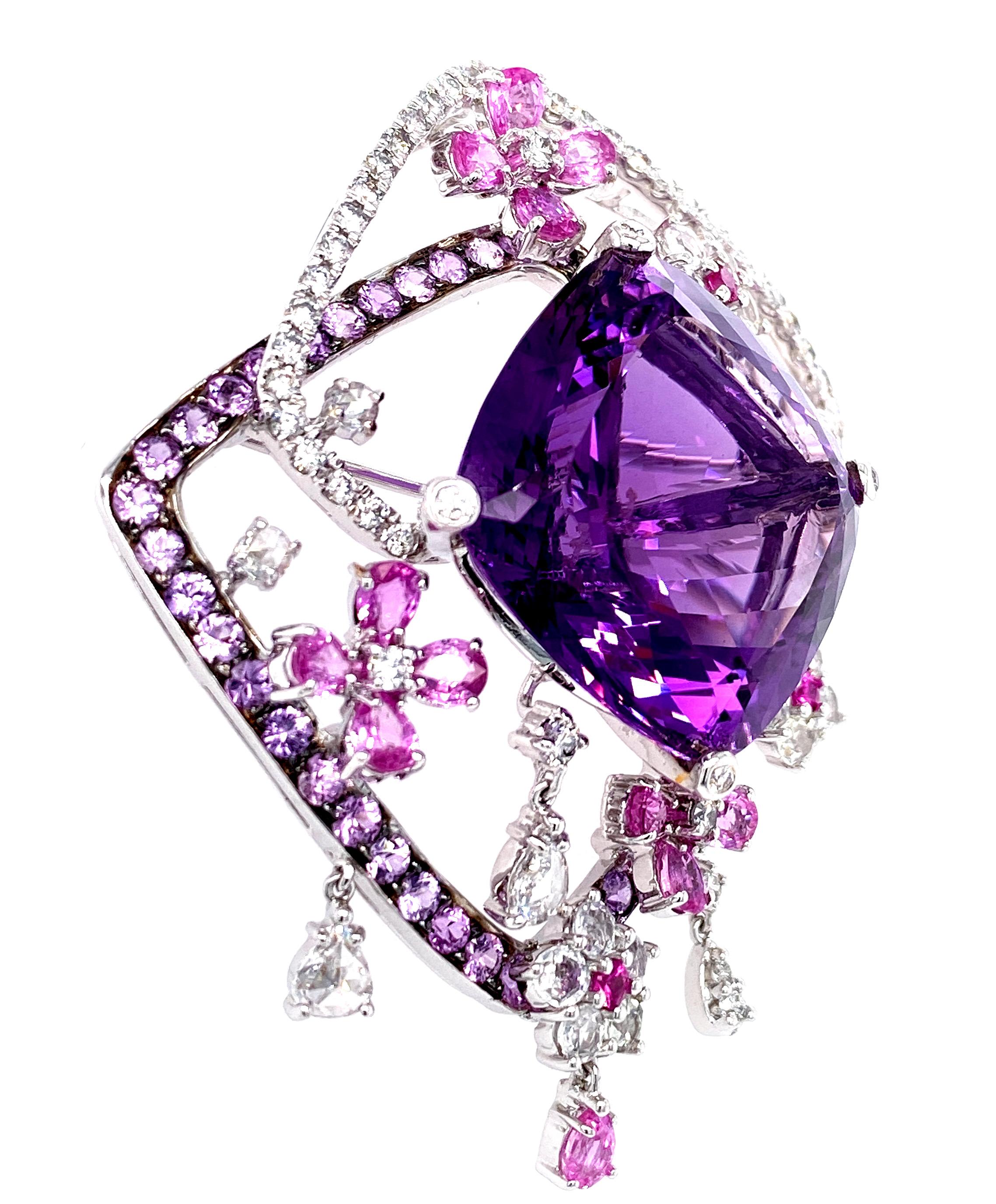 Women's or Men's Dilys' Floral Motif Amethyst and Diamond Brooch in 18 Karat White Gold For Sale