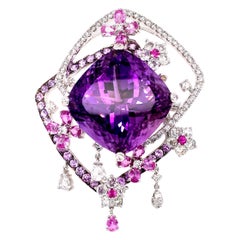 Dilys' Floral Motif Amethyst and Diamond Brooch in 18 Karat White Gold
