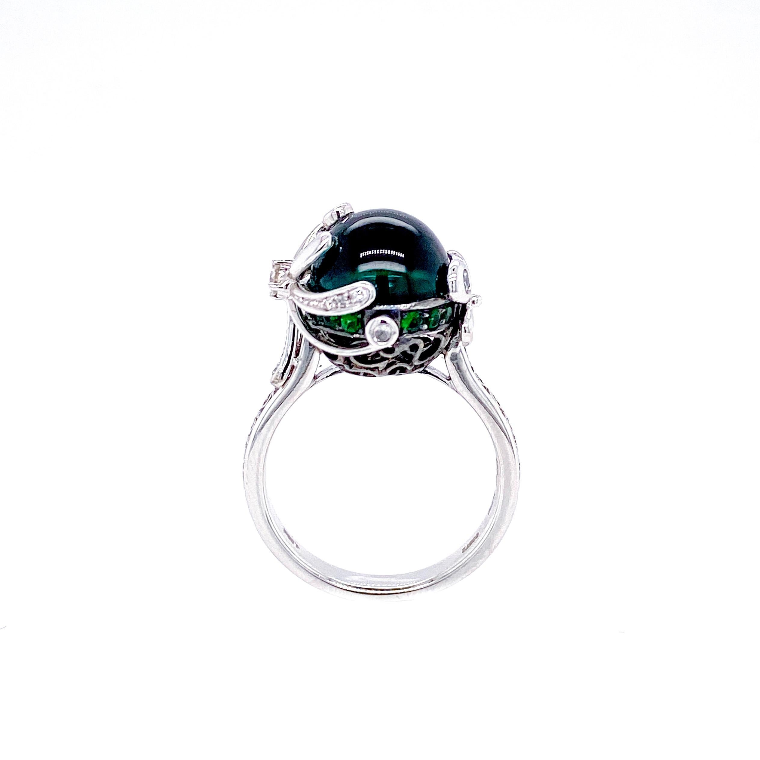 Art Nouveau Floral Motif Green Tourmaline Diamond Engagement Ring in 18 Karat Gold