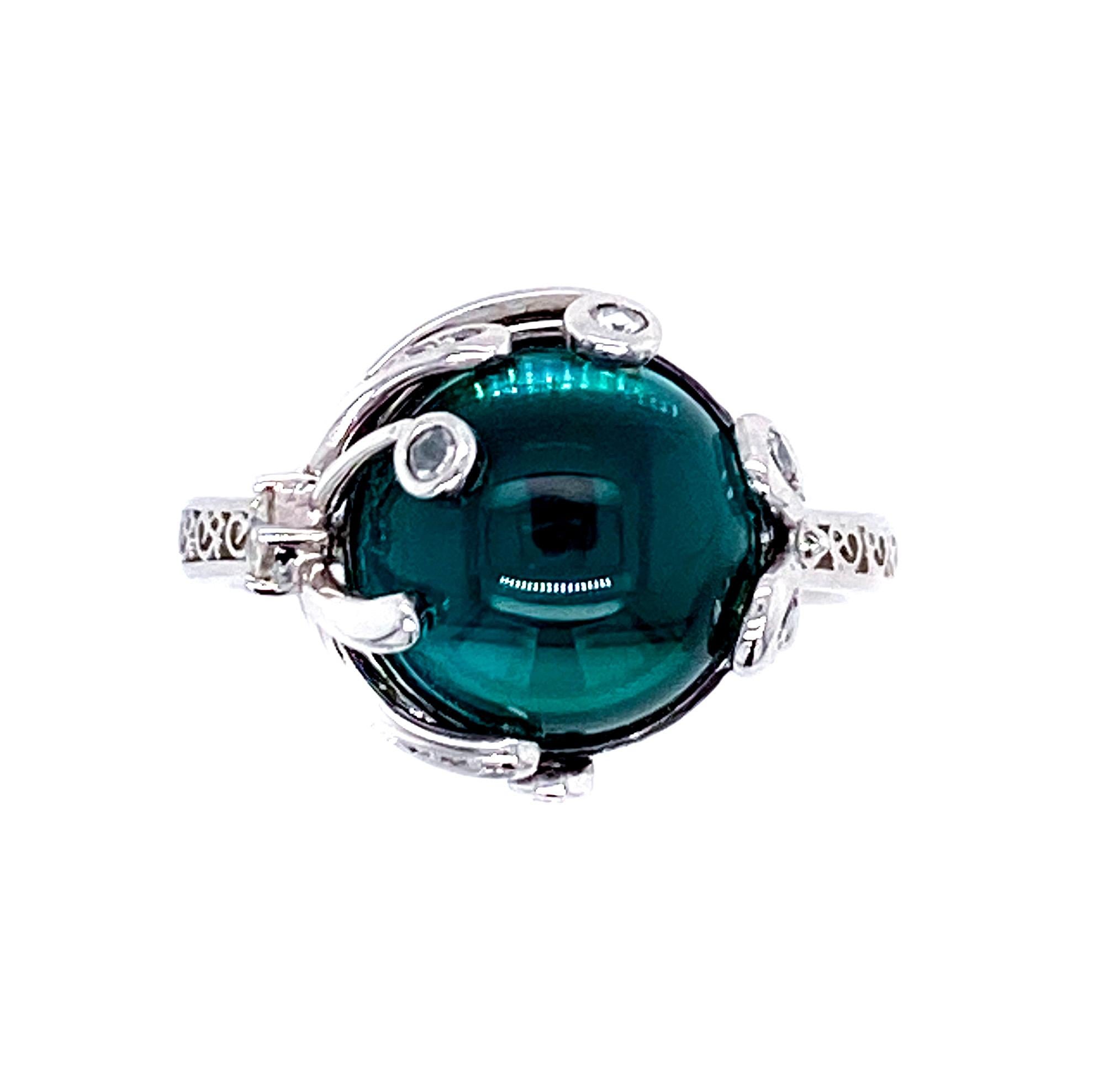 Ball Cut Floral Motif Green Tourmaline Diamond Engagement Ring in 18 Karat Gold
