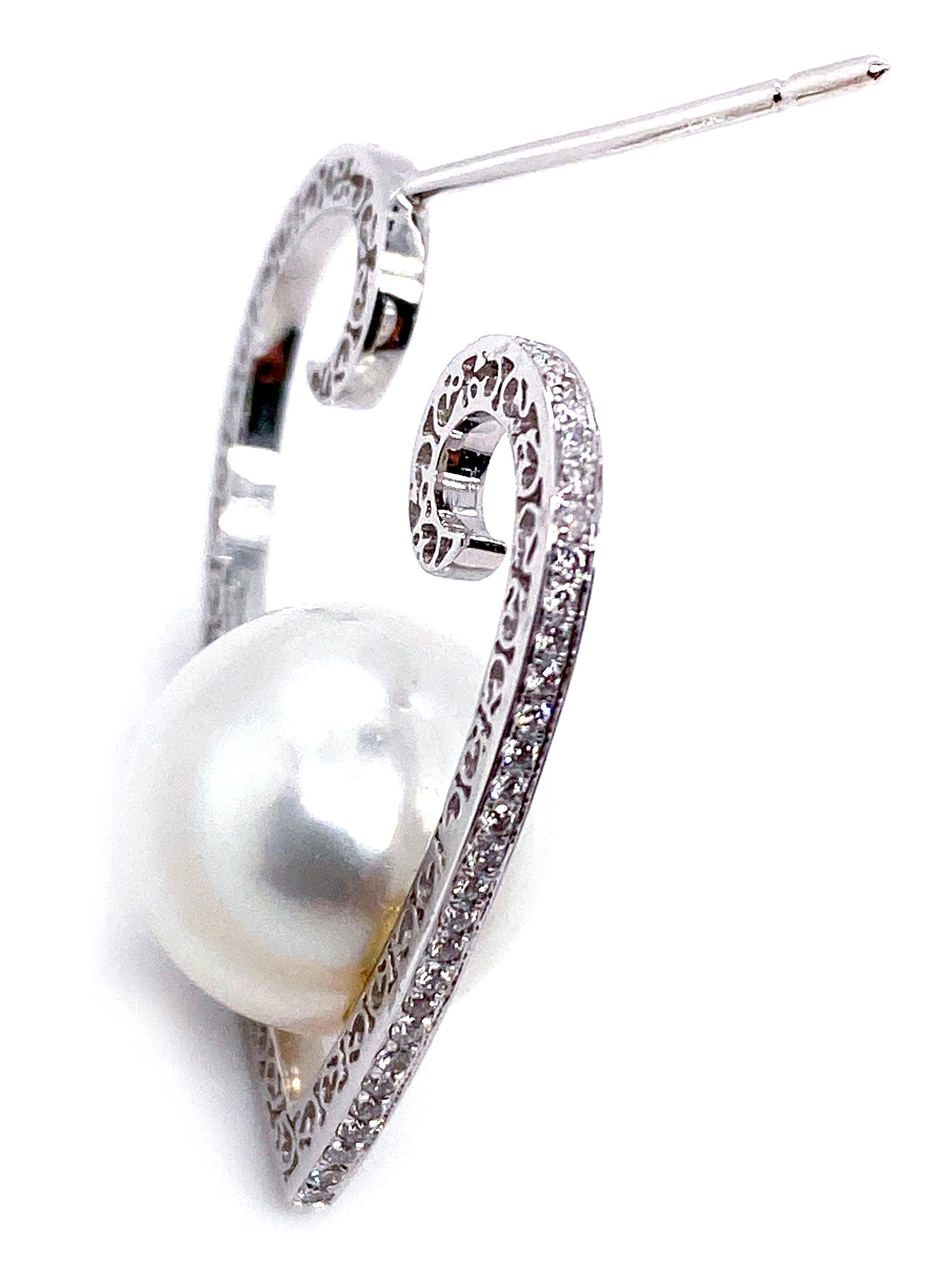 Artisan Heart-Shaped South Sea Pearl and Diamond Hoop Earrings in 18 Karat Gold
