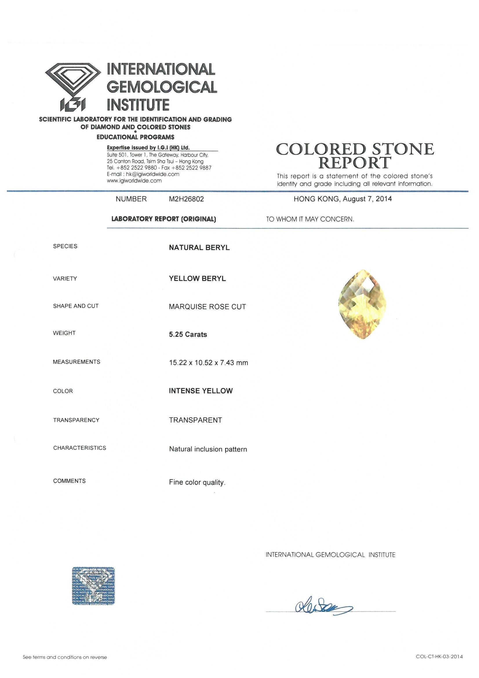IGI Certified 5.25 Carat Yellow Beryl Engagement Ring in 18 Karat Gold 1