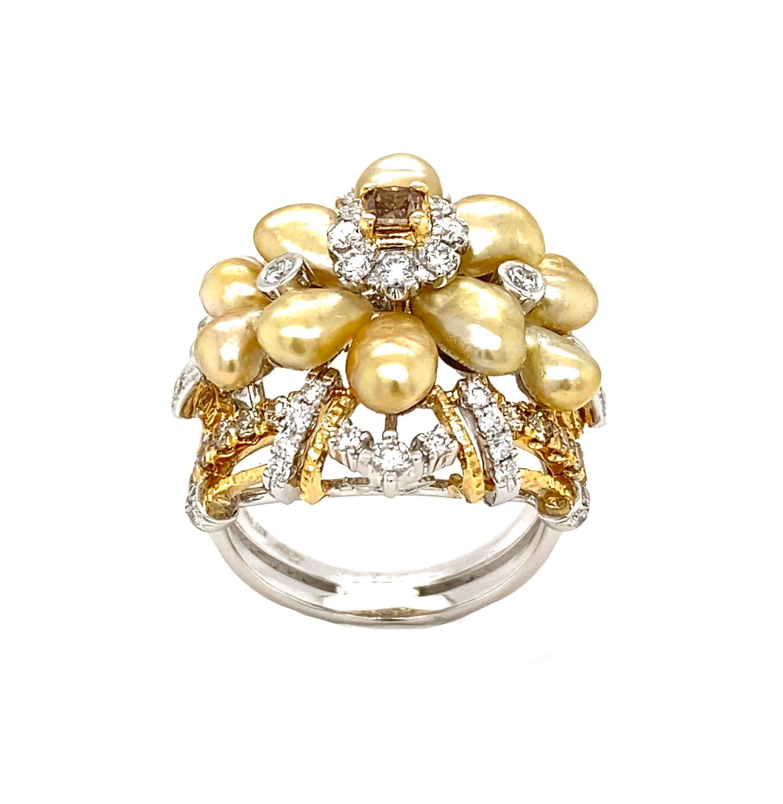 Brilliant Cut Dilys' Keshi Pearl and Diamonds Cluster Ring in 18K Gold For Sale