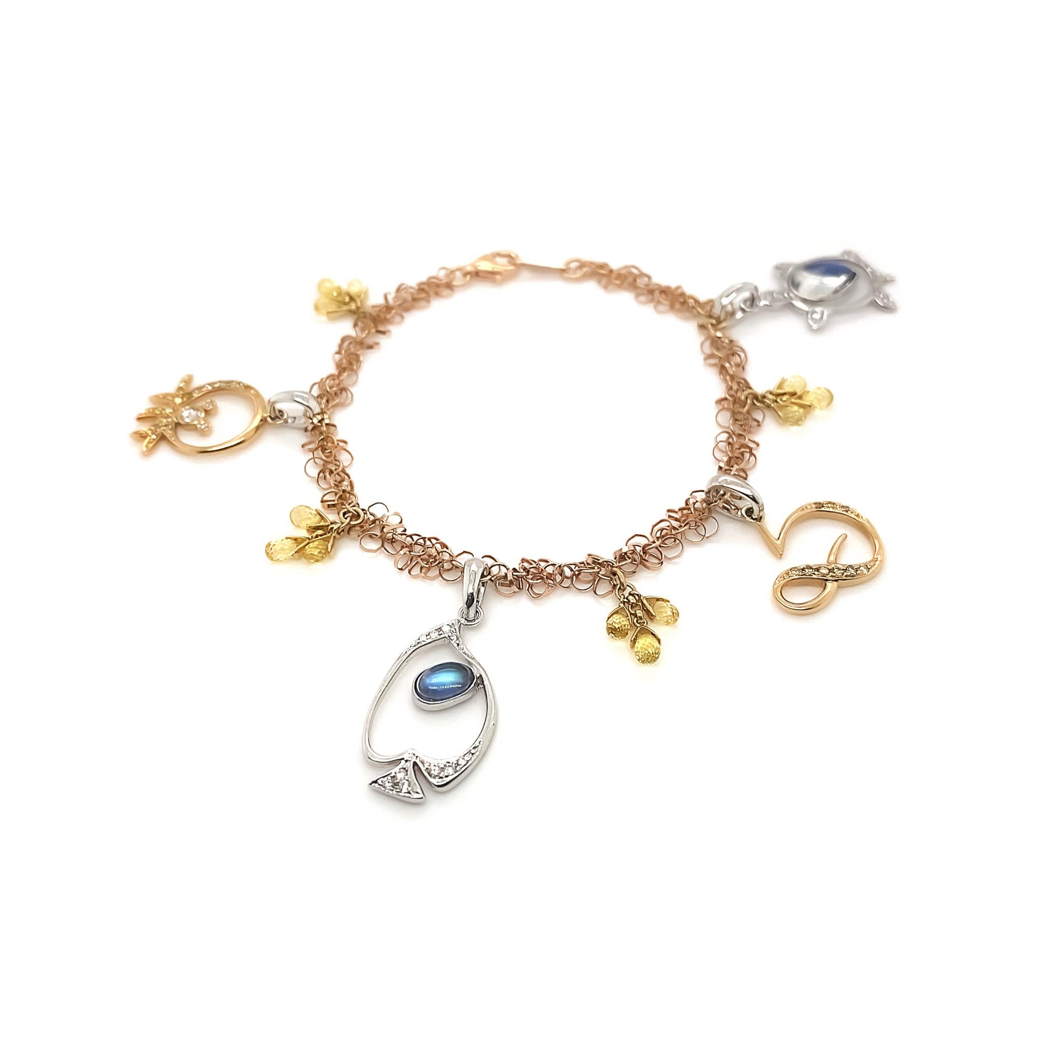 Adjustable tropical holiday-themed 18K Rose Gold chain bracelet. Chain made in Italy, detachable charms designed and handcrafted in-house by Dilys' in Hong Kong.  

26 Fancy Colour Diamonds, totalling 0.25ct
23 Collection-grade Round Diamonds,