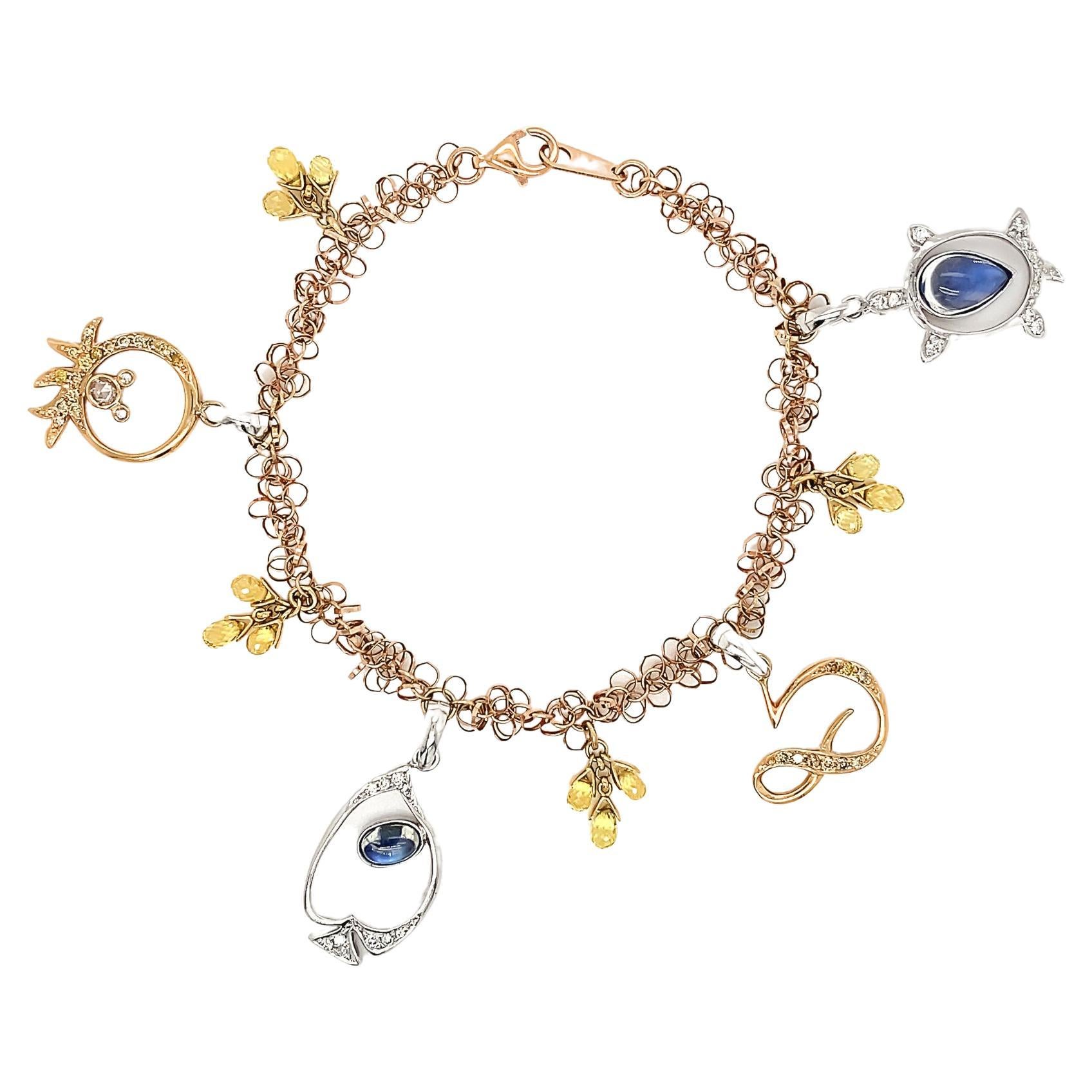 Dilys' Mondstein & Diamant Sommer- italienisches Charm-Armband aus 18 Karat Gold im Angebot