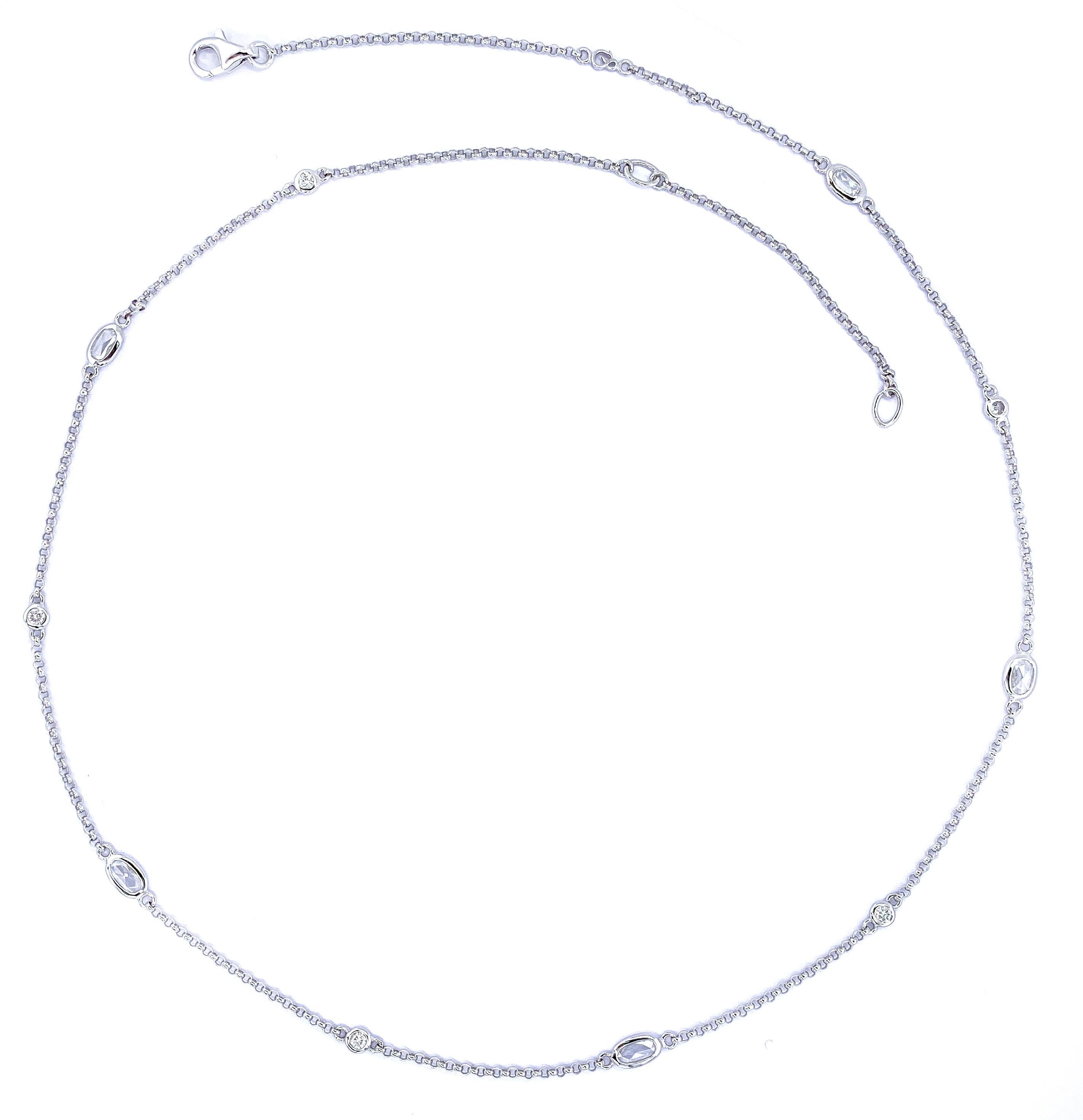 Contemporary Rose and Round Cut Diamond Classic Chain Necklace in 18 Karat White Gold For Sale