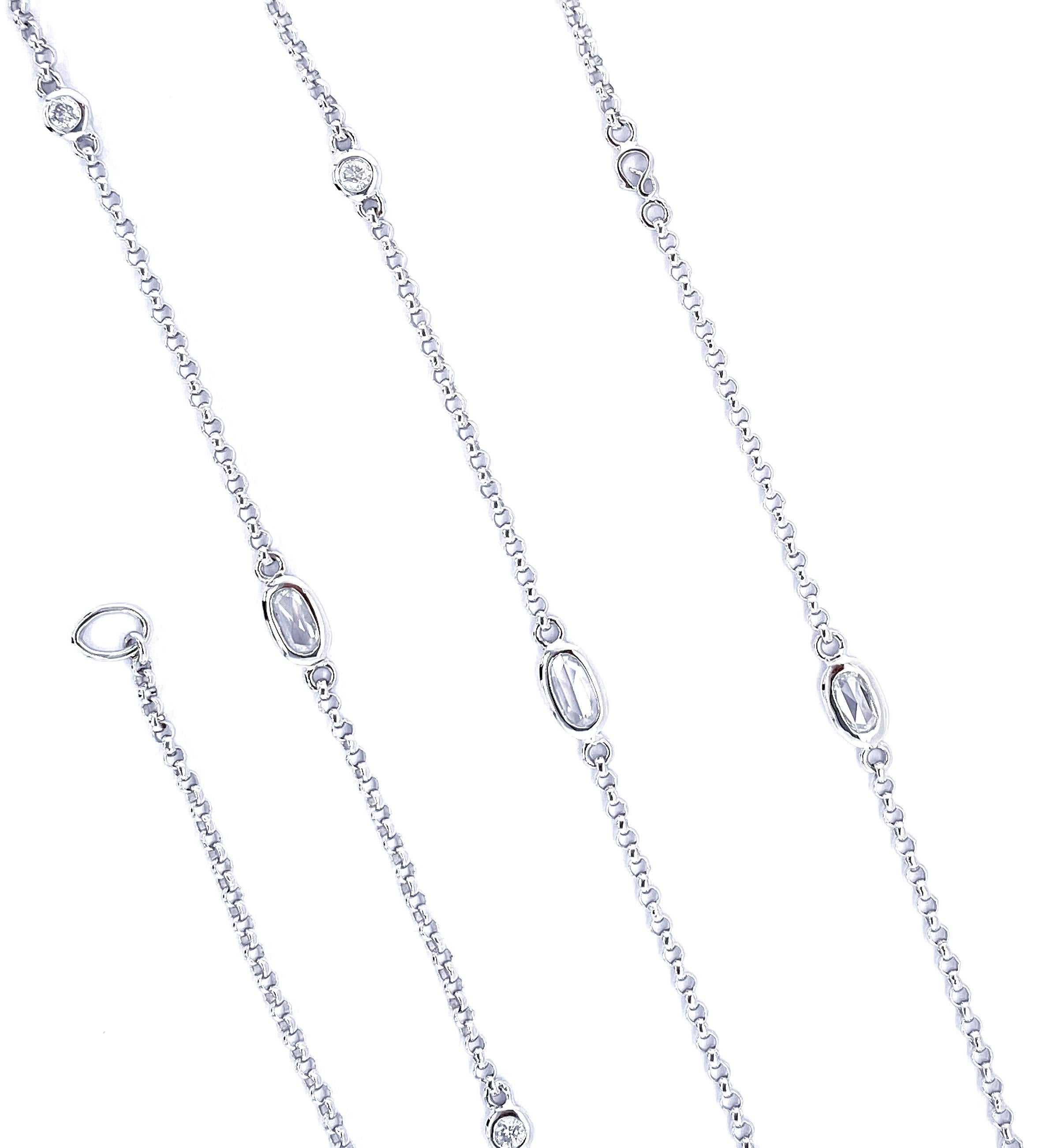 Rose Cut Rose and Round Cut Diamond Classic Chain Necklace in 18 Karat White Gold For Sale
