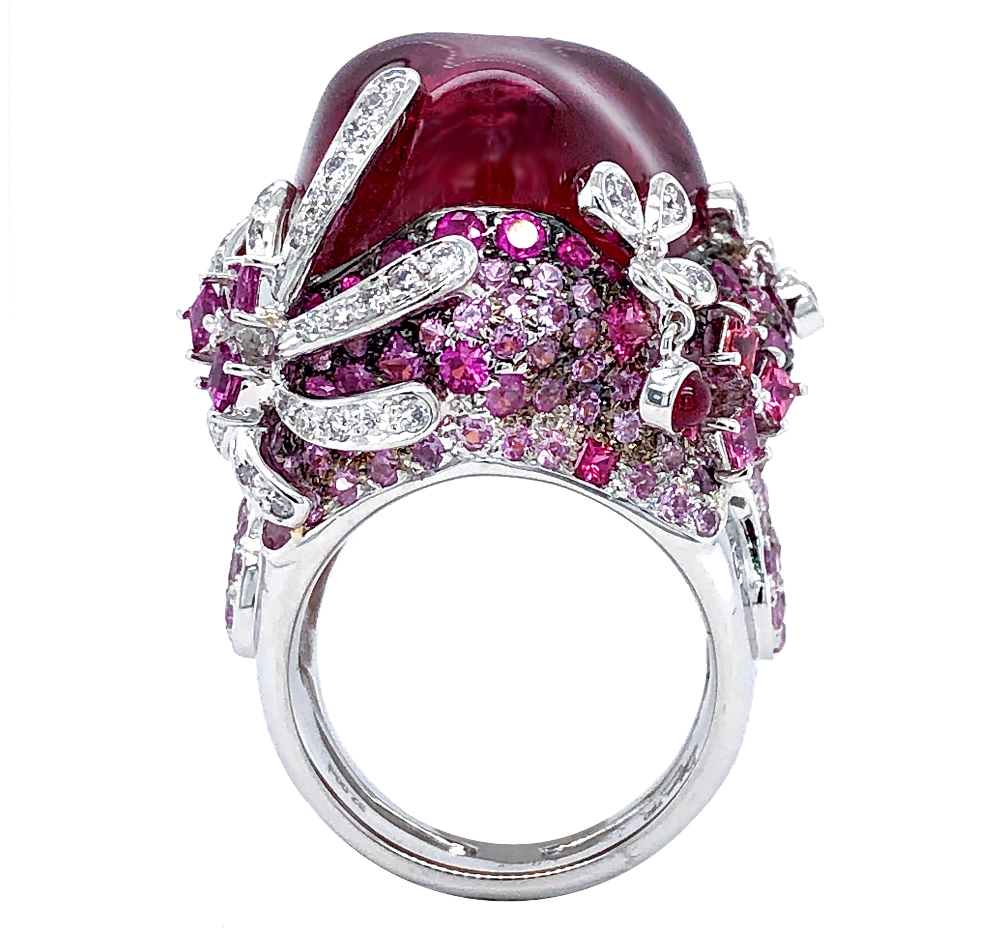 Contemporary Rubelite, Pink Sapphire and Diamond Statement Ring in 18 Karat Gold
