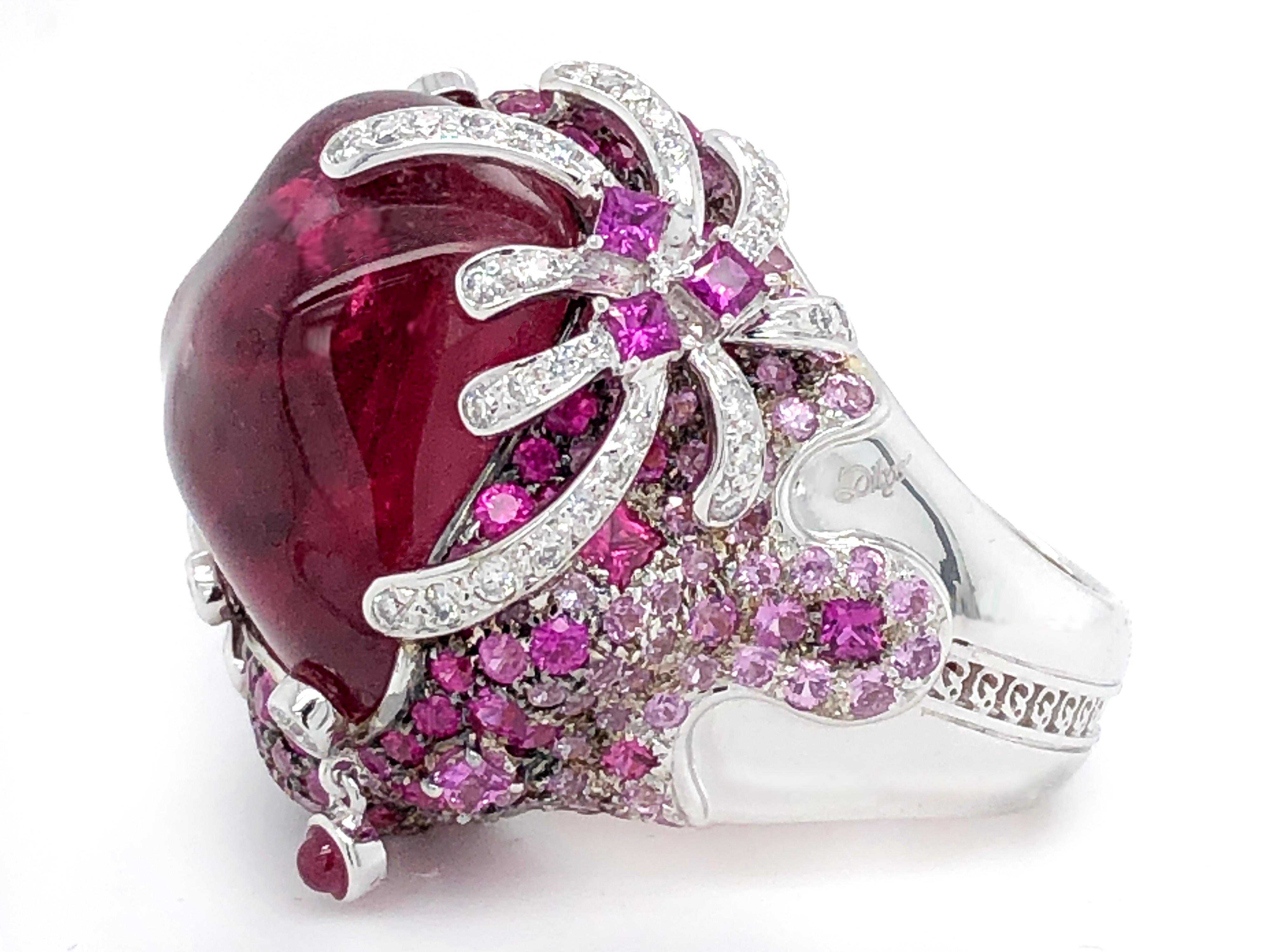 Round Cut Rubelite, Pink Sapphire and Diamond Statement Ring in 18 Karat Gold