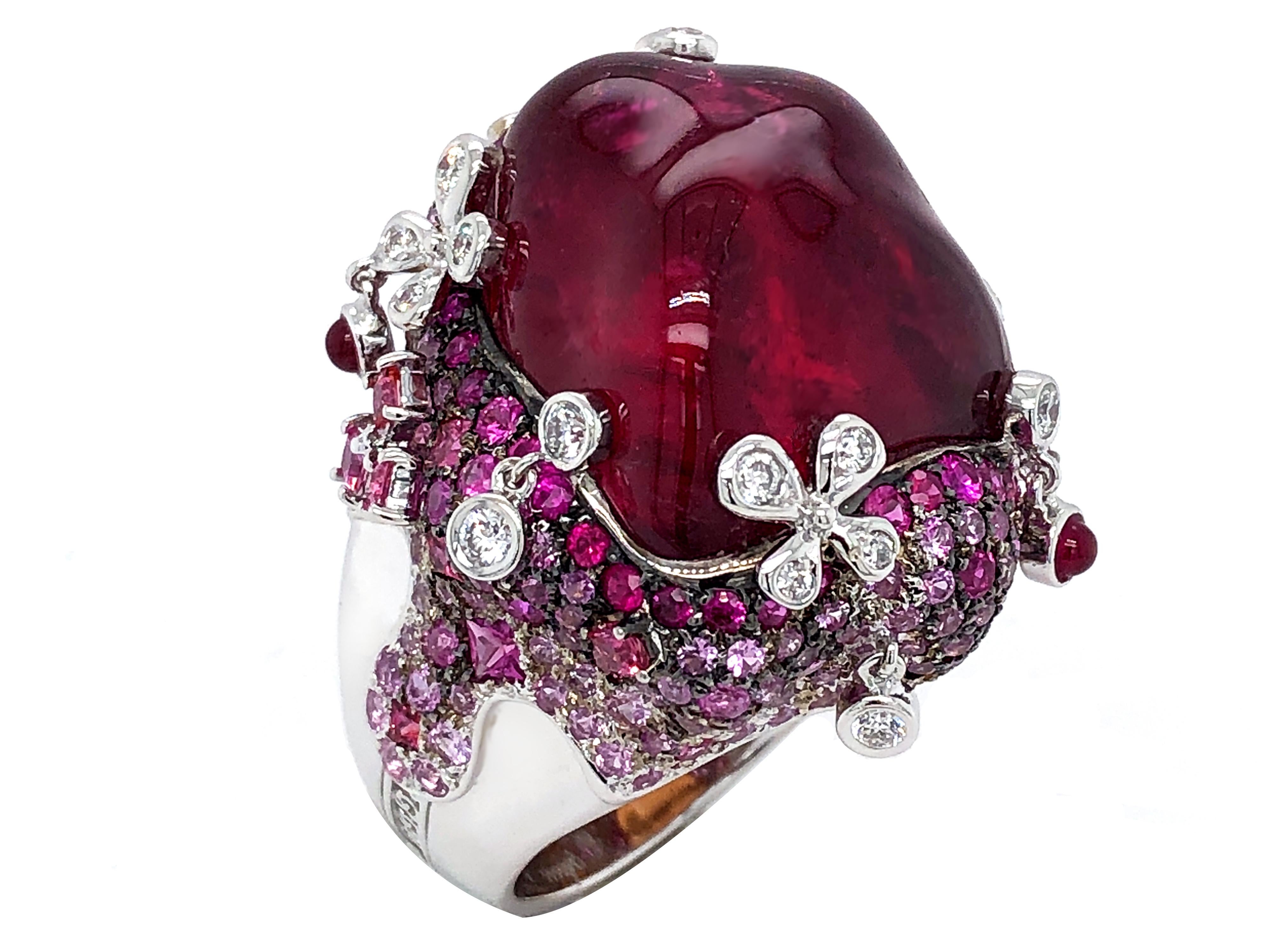 Women's or Men's Rubelite, Pink Sapphire and Diamond Statement Ring in 18 Karat Gold