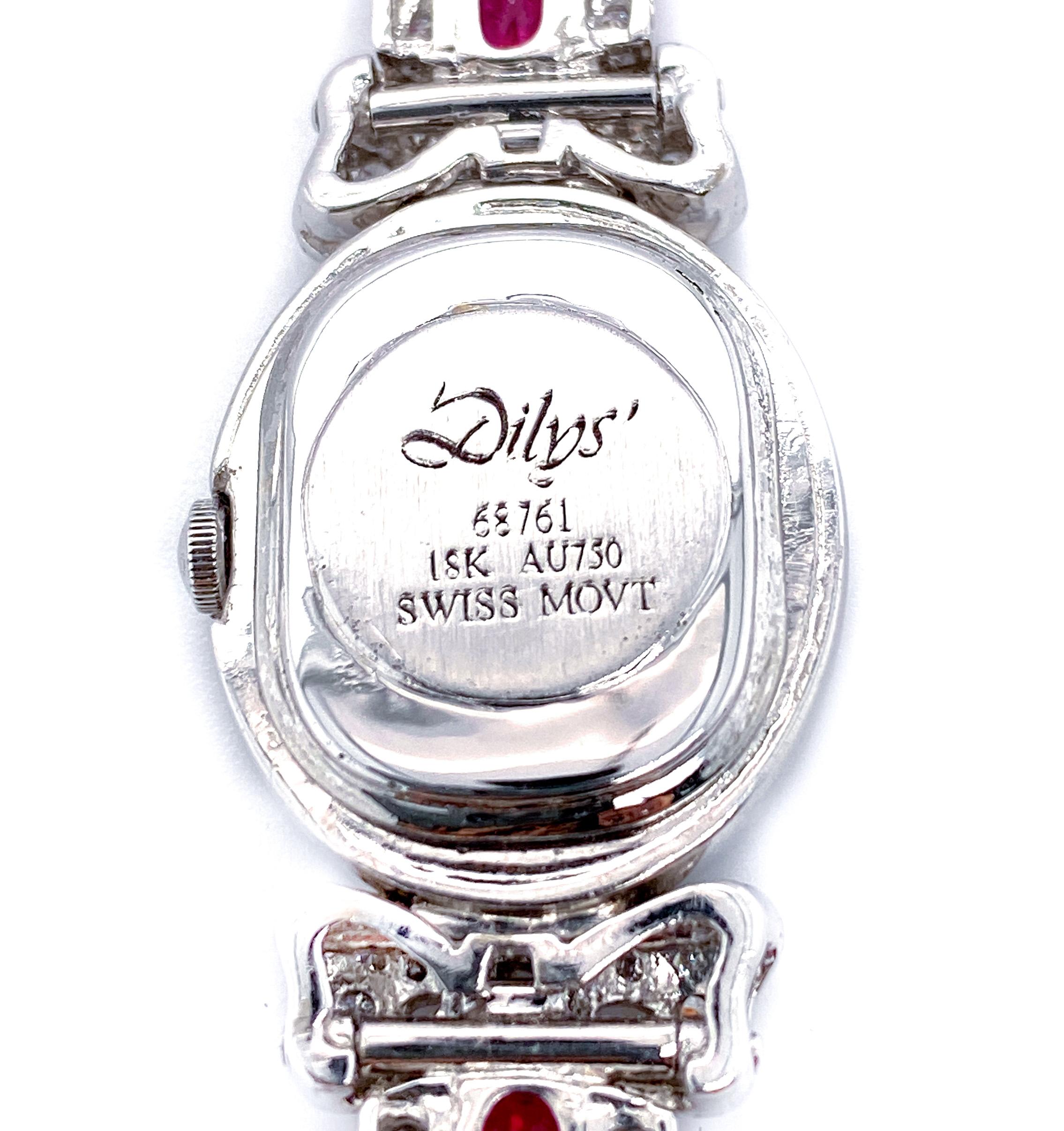 Belle Époque Ruby and Diamond Swiss Quartz Movement Watch in 18 Karat White Gold For Sale