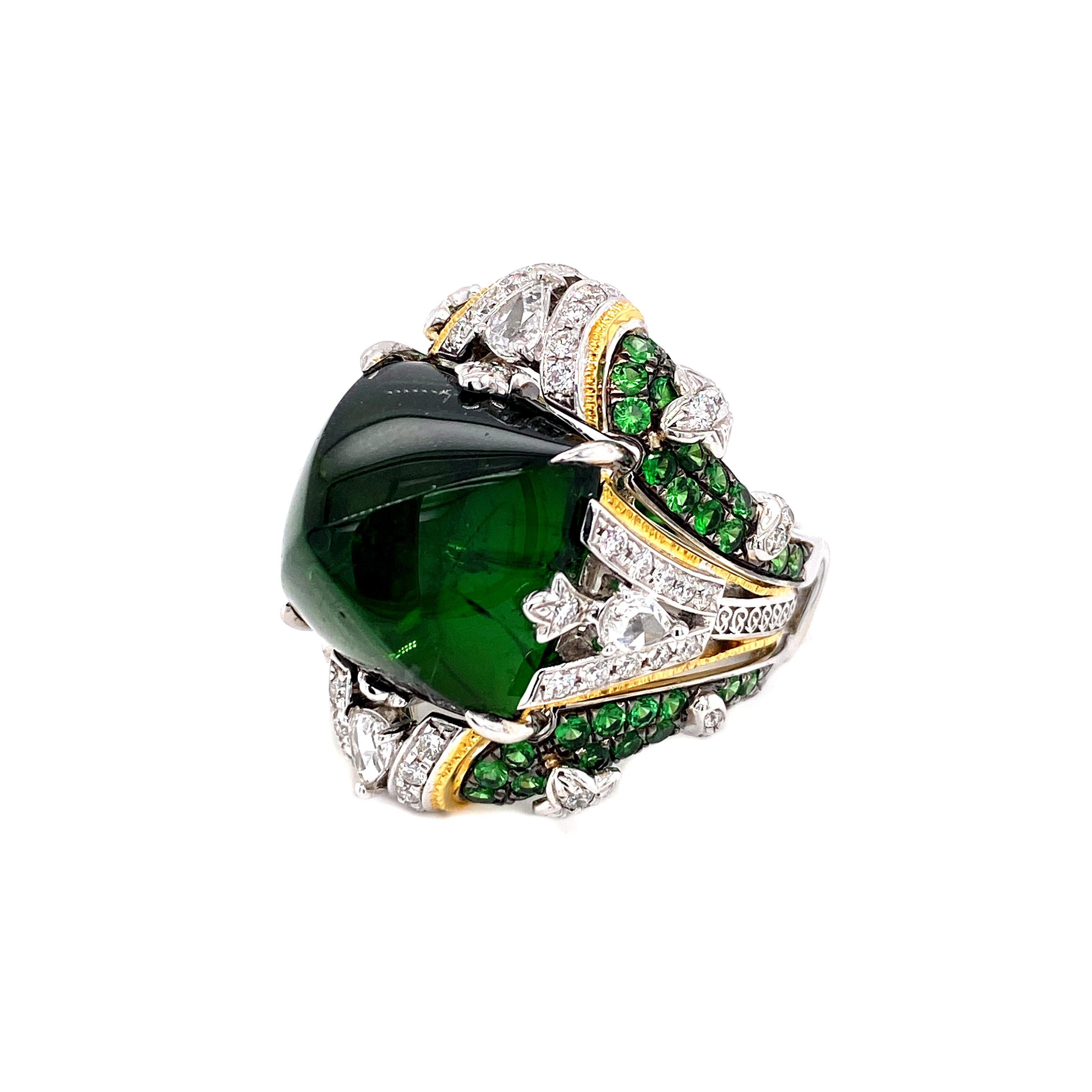 Artisan Dilys' Unheated 24.82 Carat Green Tourmaline Sugarloaf Ring
