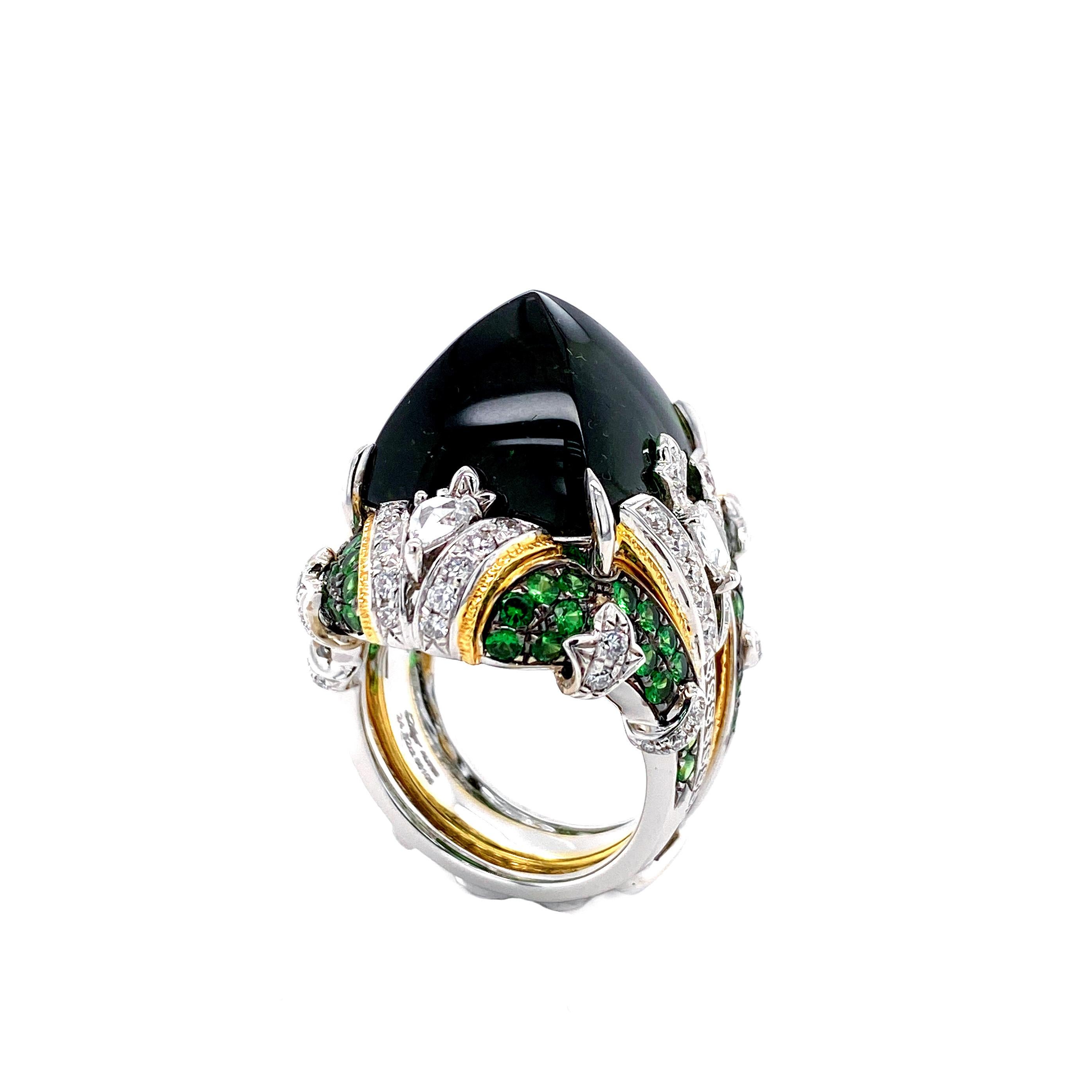 Dilys' Unheated 24.82 Carat Green Tourmaline Sugarloaf Ring In New Condition In Hong Kong, HK