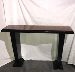DIM Black Lacquer Wood Console, Saint Gobain Amber Glass Slab Top, France, 1930
