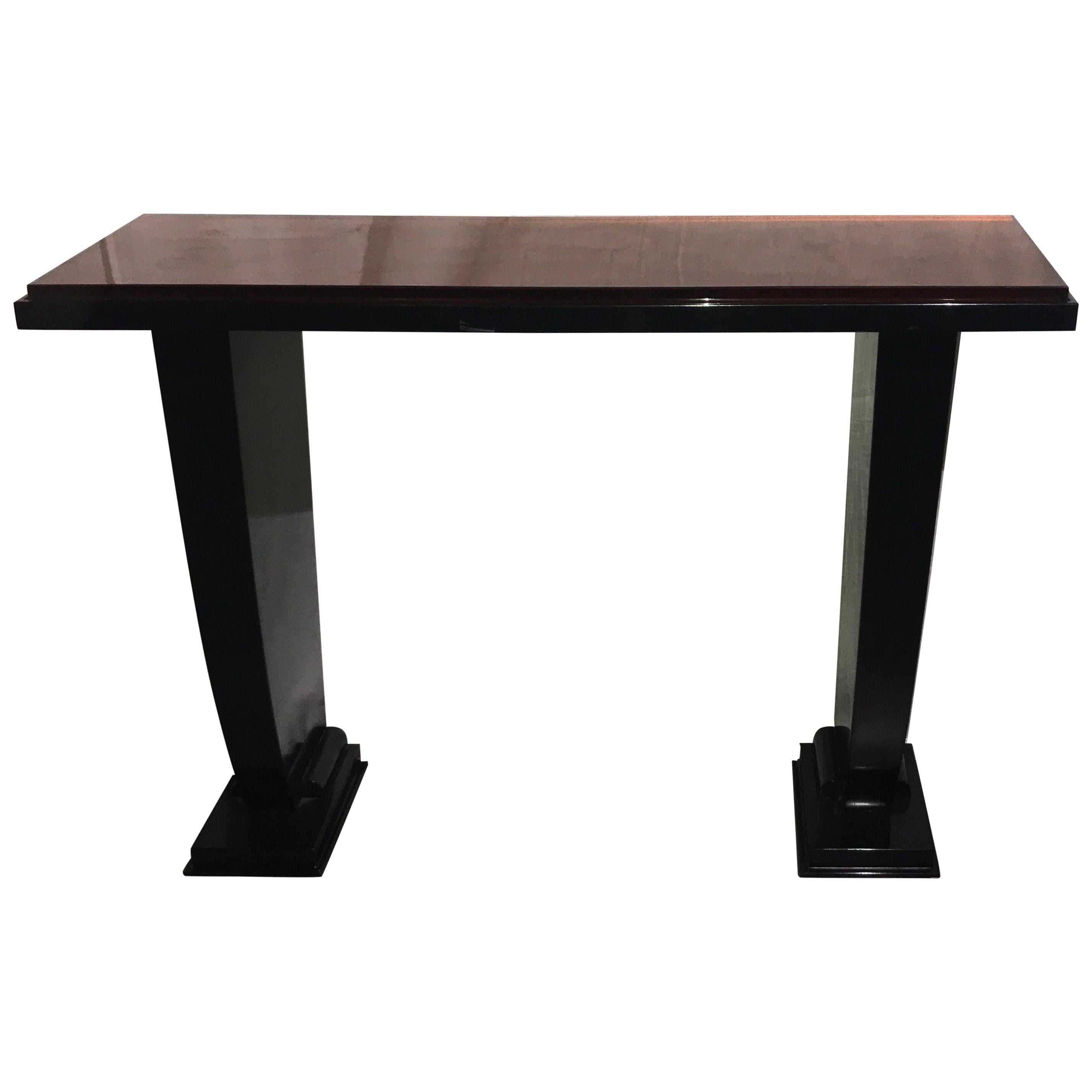 DIM Black Lacquer Wood Console, Saint Gobain Amber Glass Slab Top, France, 1930 For Sale