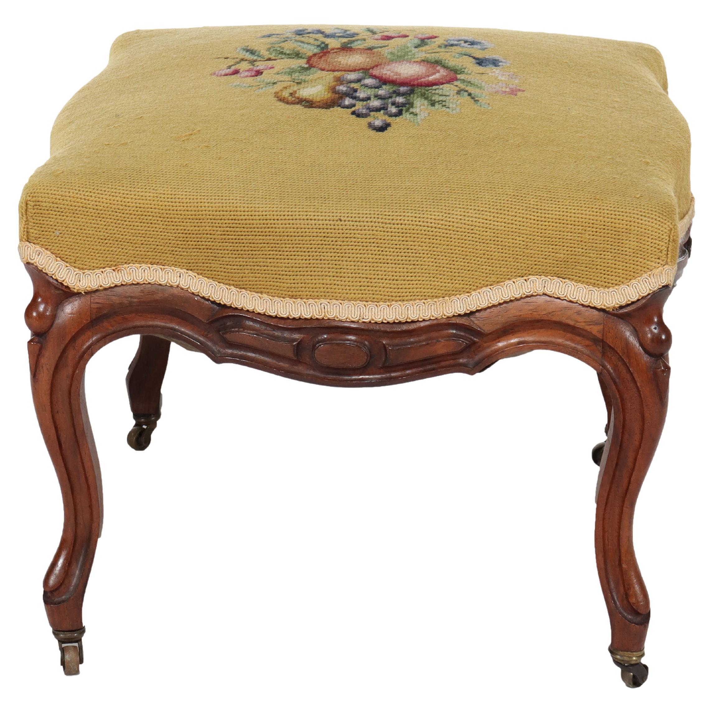 DIM/CON Antique Rococo Revival Rosewood Footstool with Floral Needlepoint C1890