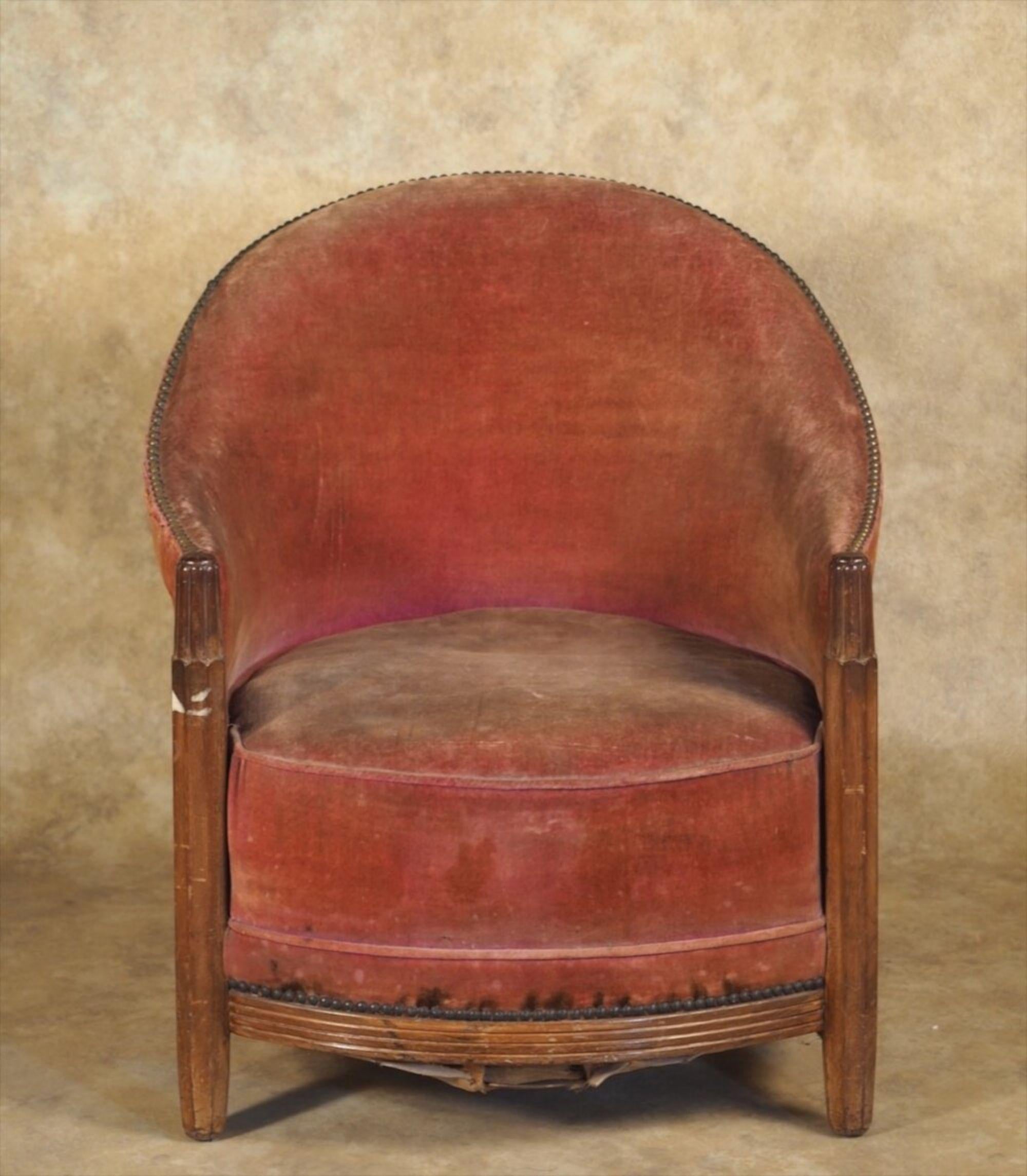 Classic French Art Deco boudoir chair by DIM (Joubert et Petit), circa 1925, pictured in the DIM period catalog.

Unrestored in the photographs. Pricing includes restoration, refinishing, and reupholstering using client supplied