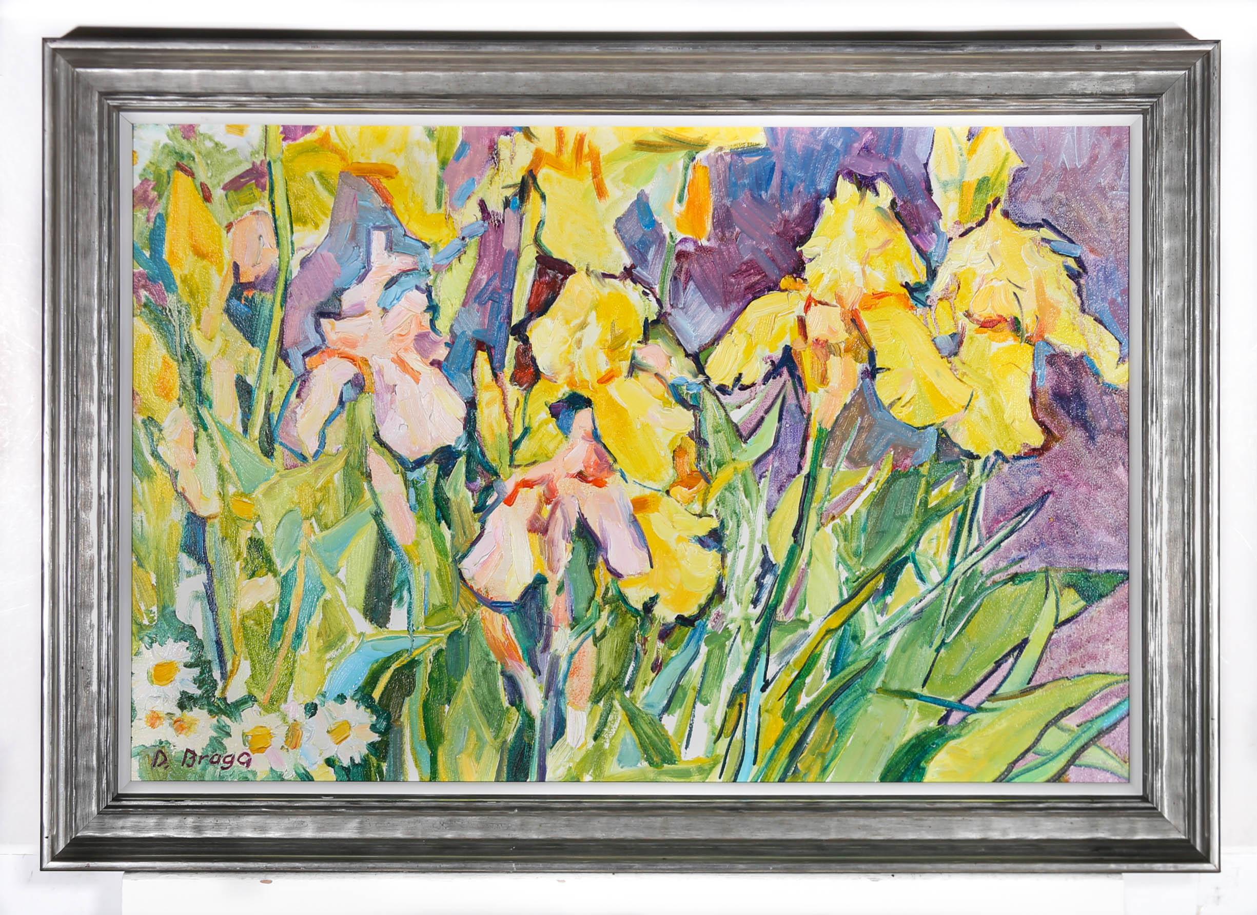 Dima Braga - Framed Ukrainian School Contemporary Oil, Yellow Irises For Sale 1