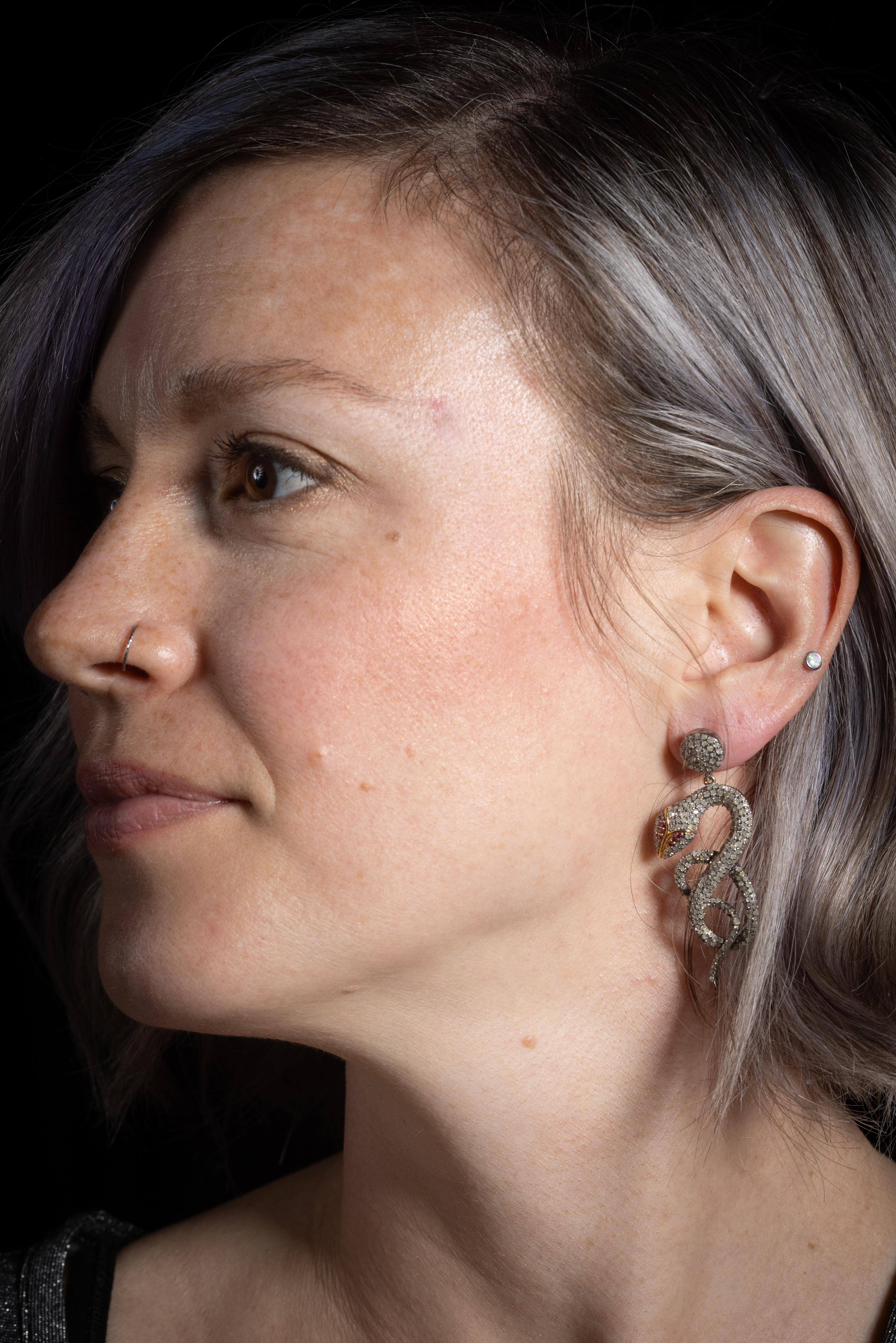 Dimaond and Ruby Snake Dangle Earrings In Excellent Condition For Sale In Nantucket, MA
