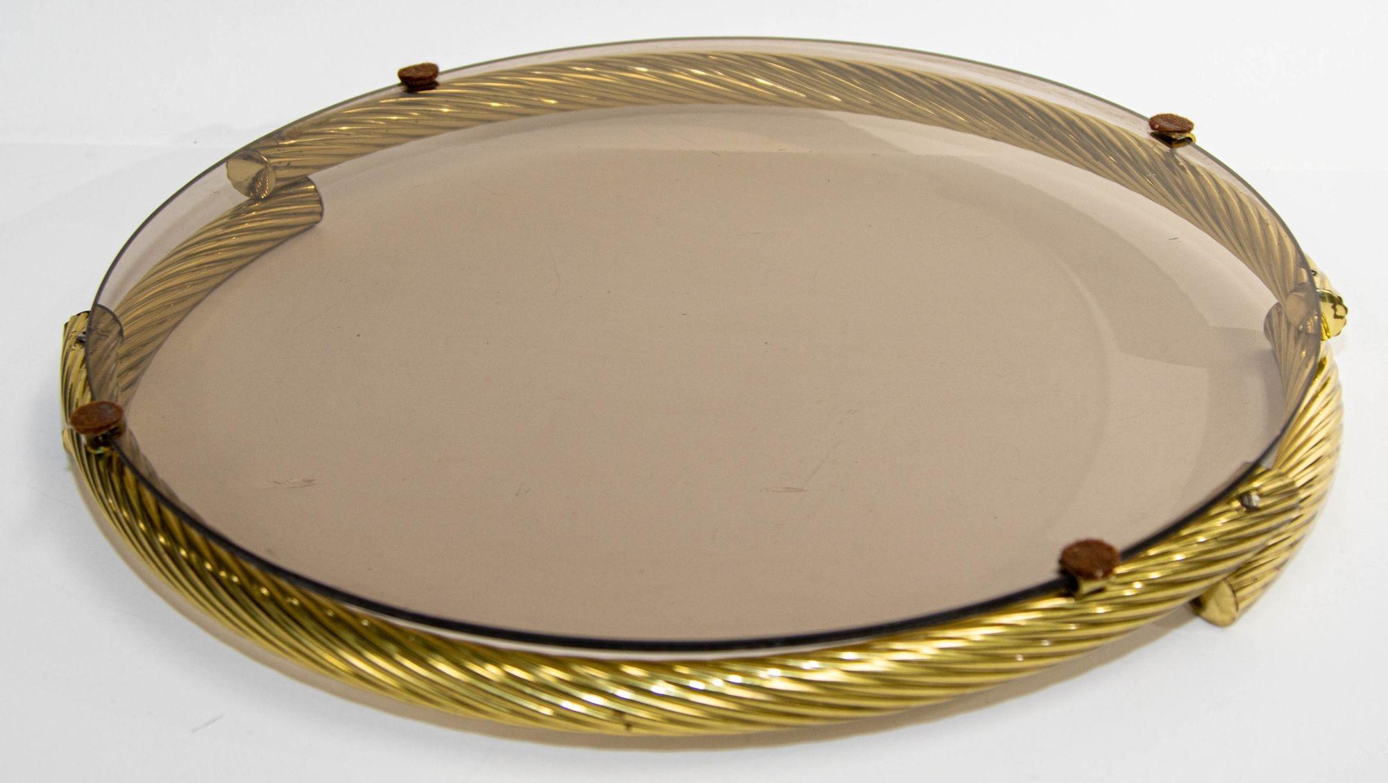 Dimart Brass Italian Round Tray with Smoked Glass 1980s For Sale 11