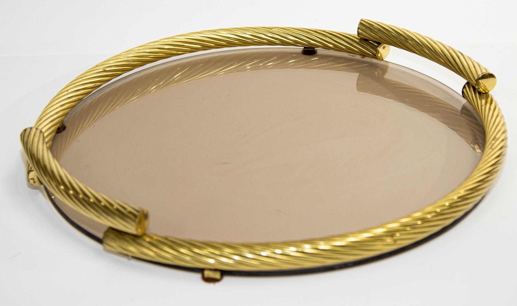 Gold Plate Dimart Brass Italian Round Tray with Smoked Glass 1980s For Sale