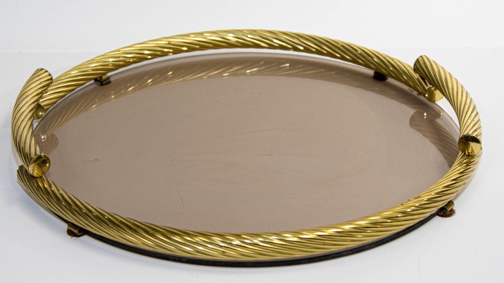 Dimart Brass Italian Round Tray with Smoked Glass 1980s For Sale 1