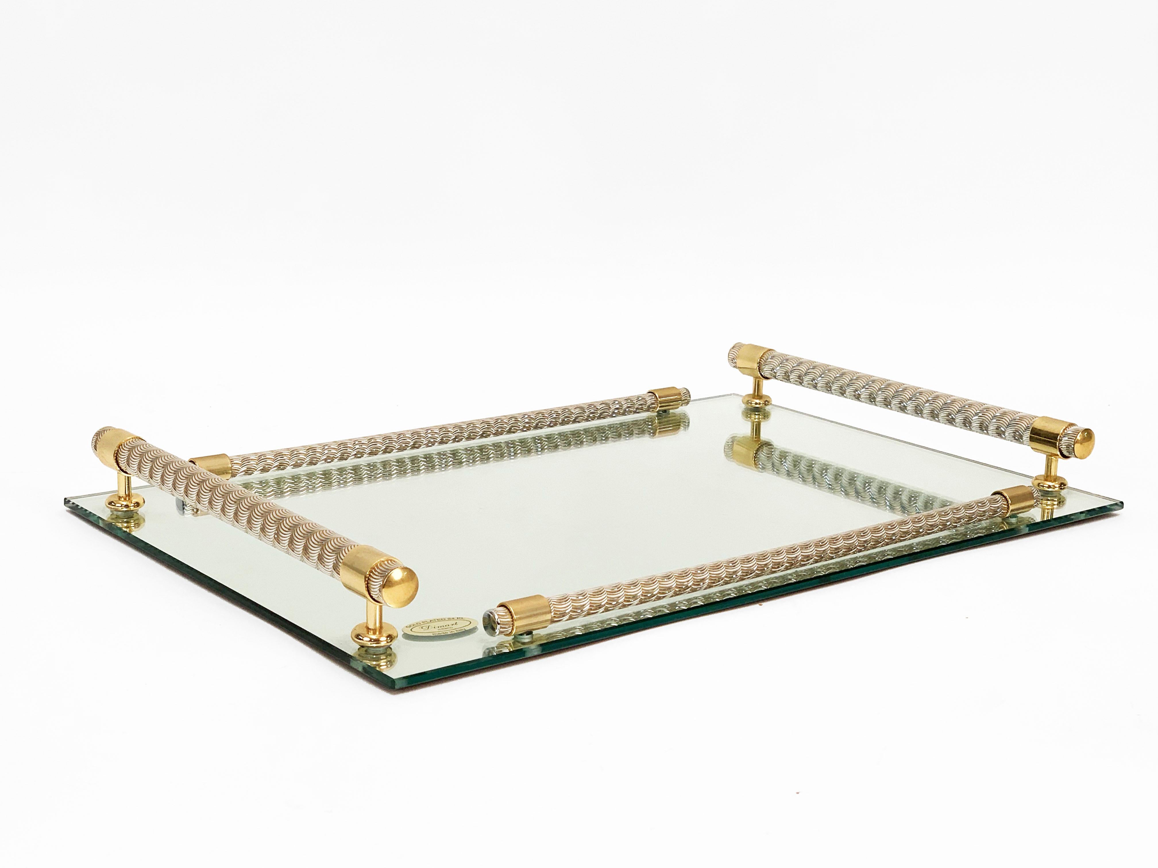 Amazing midcentury 24-karat gold-plated tray with mirror and brass. This item was produced by Dimart Milano in Italy during 1980s.

This simple and elegant tray is unique as itis 24-karat gold-plated brass completing the finely finished edge and