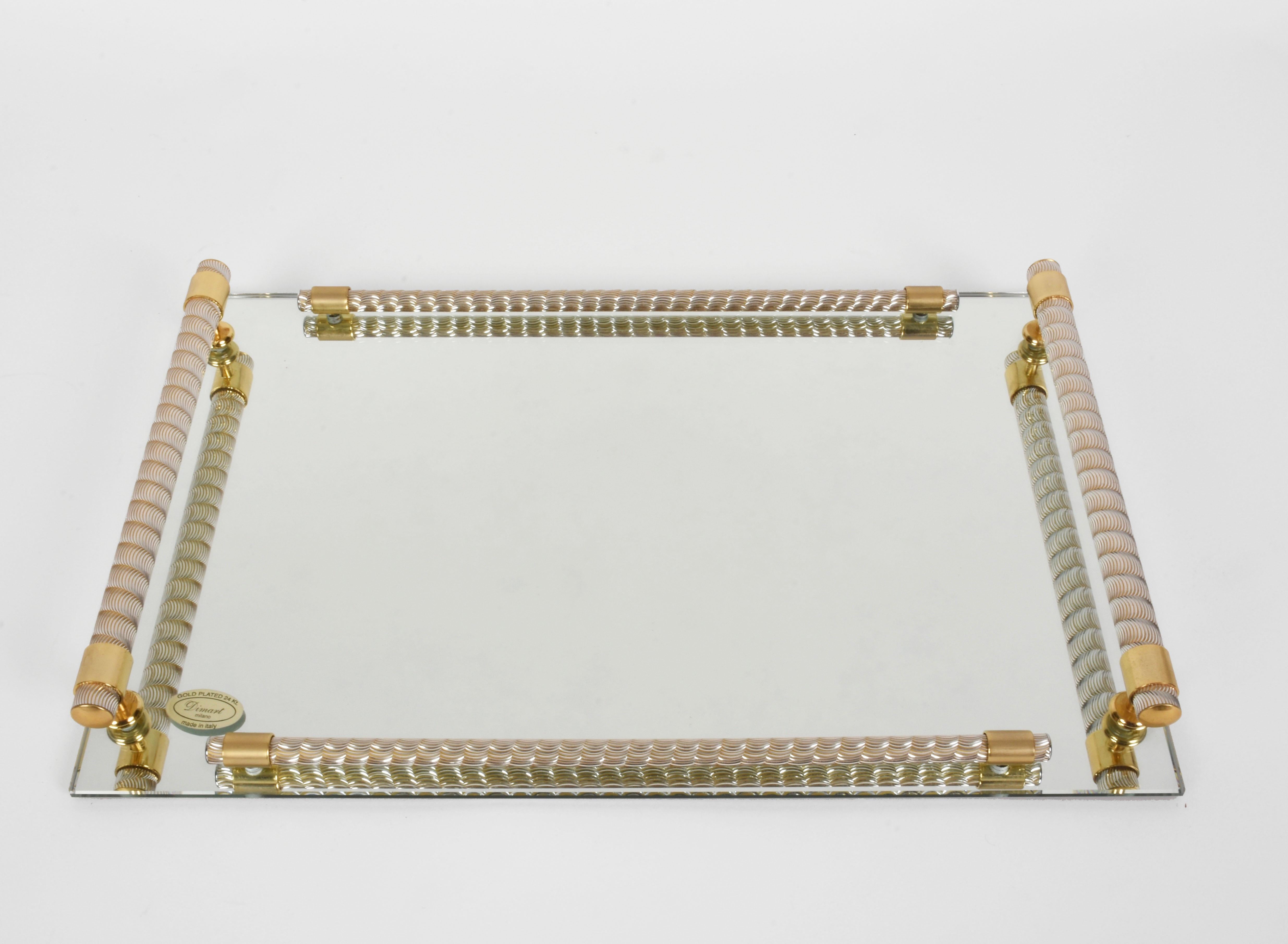 20th Century Dimart Milano 24-Karat Gold-Plated Italian Tray with Mirror and Brass, 1980s