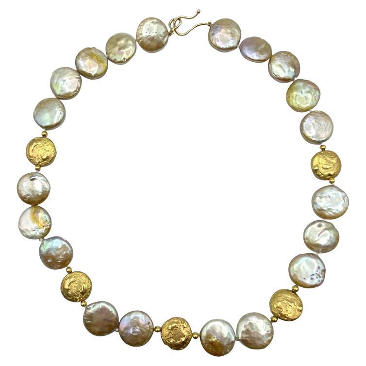 Dime Pearls Necklace 18 Karat Gold For Sale