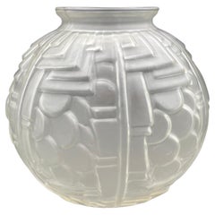 Dimensional 1930's French Art Deco Frosted Geometric Glass Vase attrib to Vianne